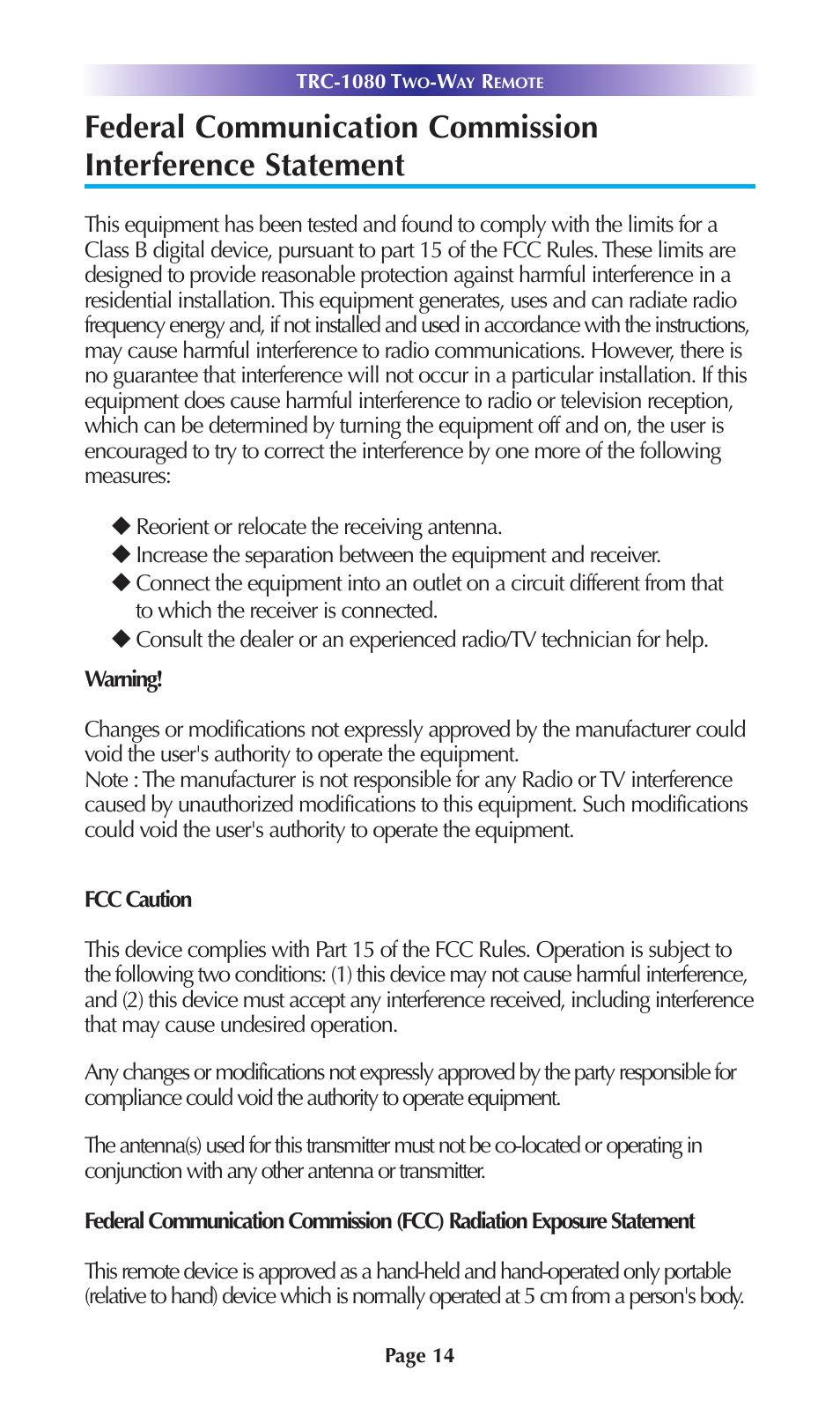 Universal Remote Control (URS) TRC-1080 User Manual | Page 17 / 24
