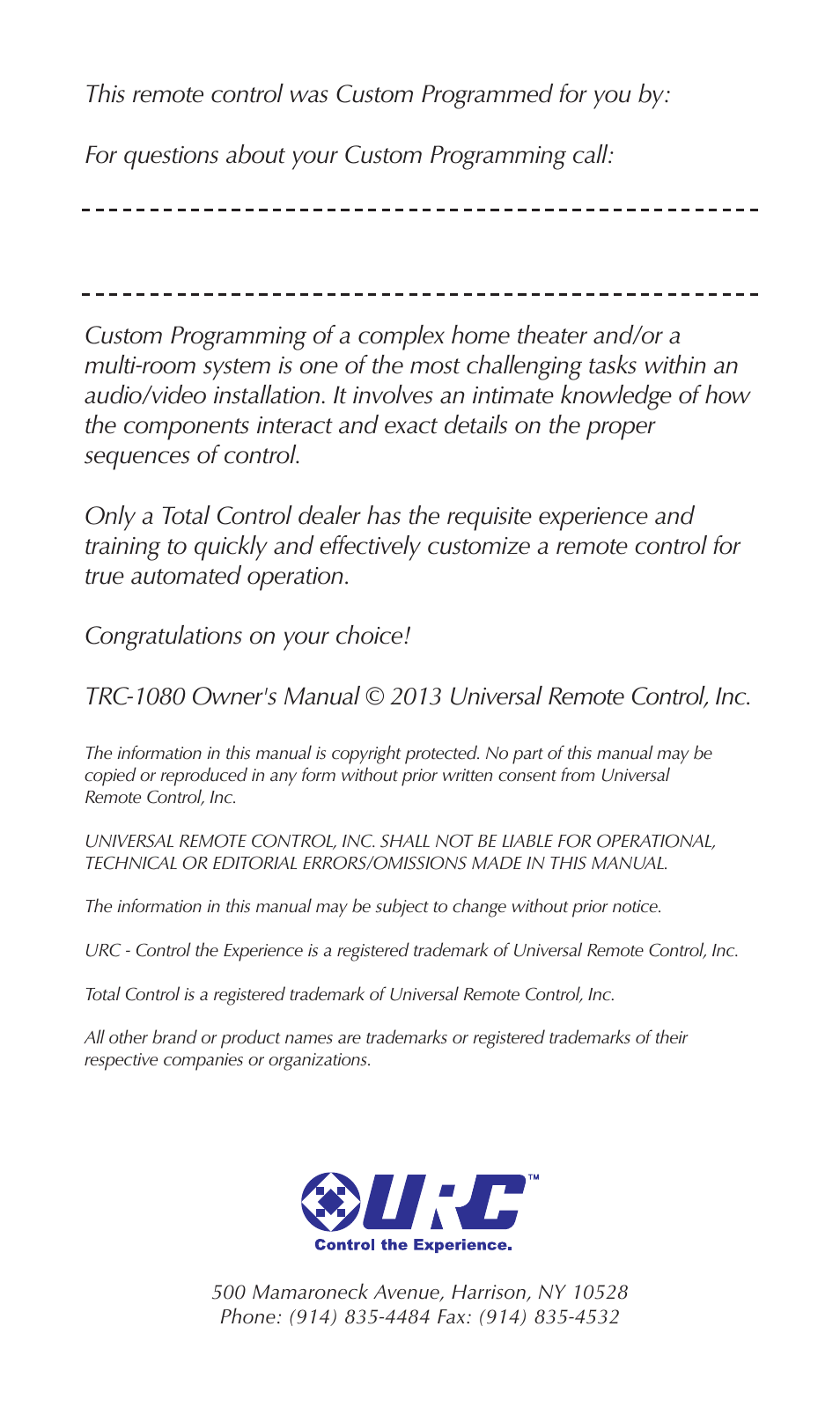 Universal Remote Control (URS) TRC-1080 User Manual | Page 2 / 24