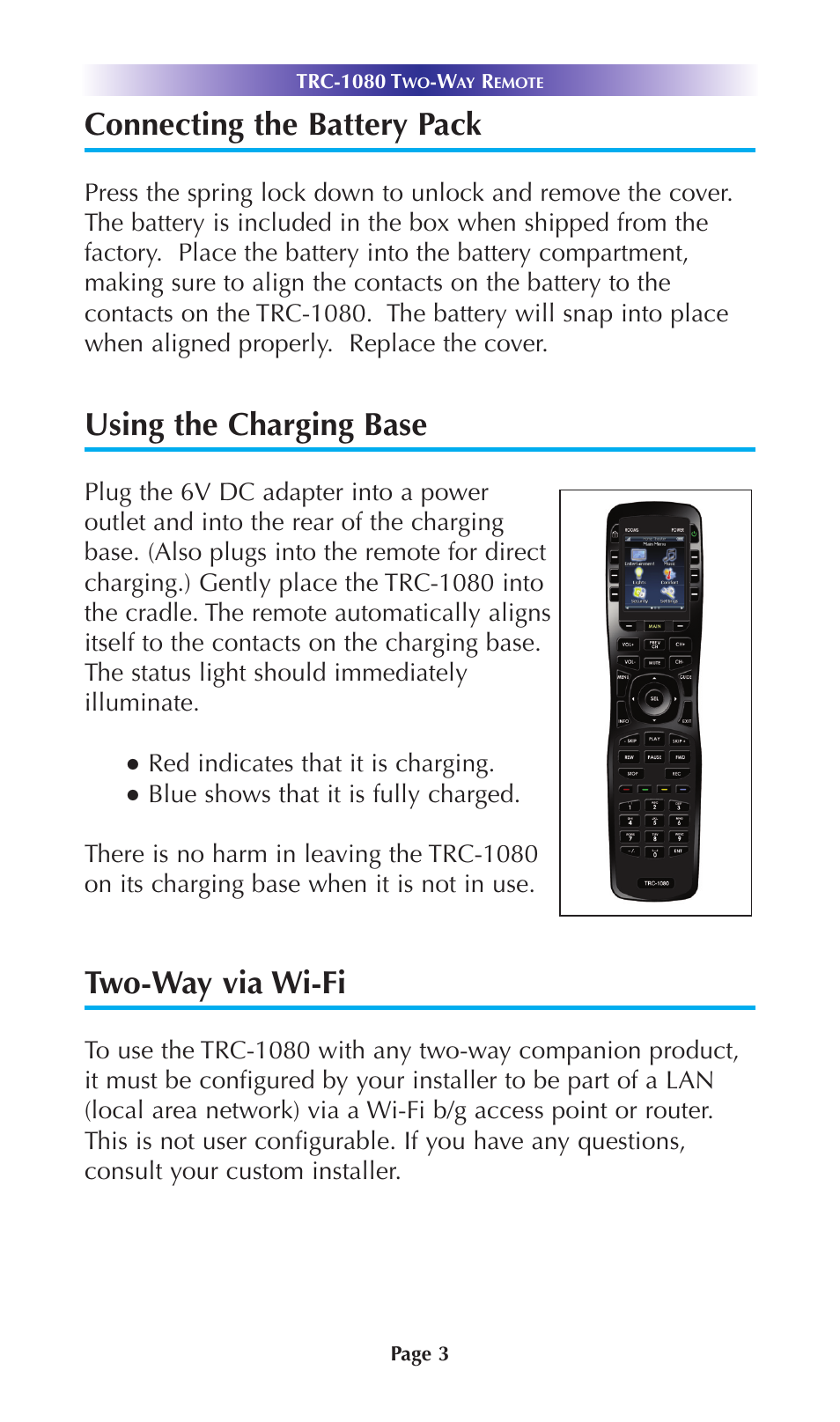 Connecting the battery pack, Using the charging base, Two-way via wi-fi | Universal Remote Control (URS) TRC-1080 User Manual | Page 6 / 24