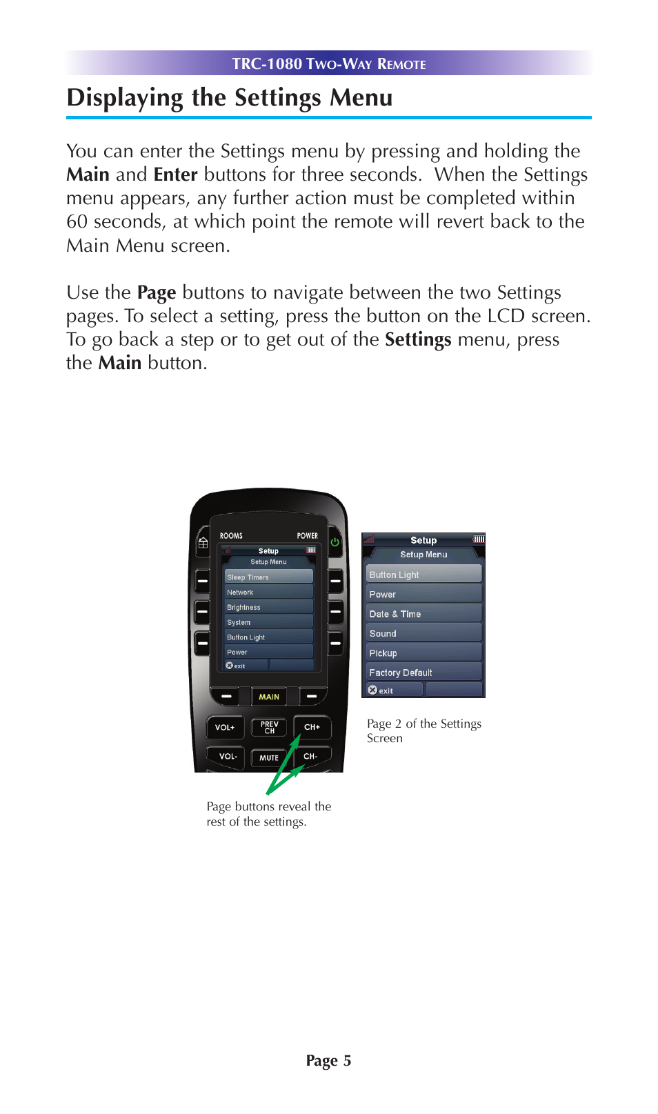 Displaying the settings menu | Universal Remote Control (URS) TRC-1080 User Manual | Page 8 / 24