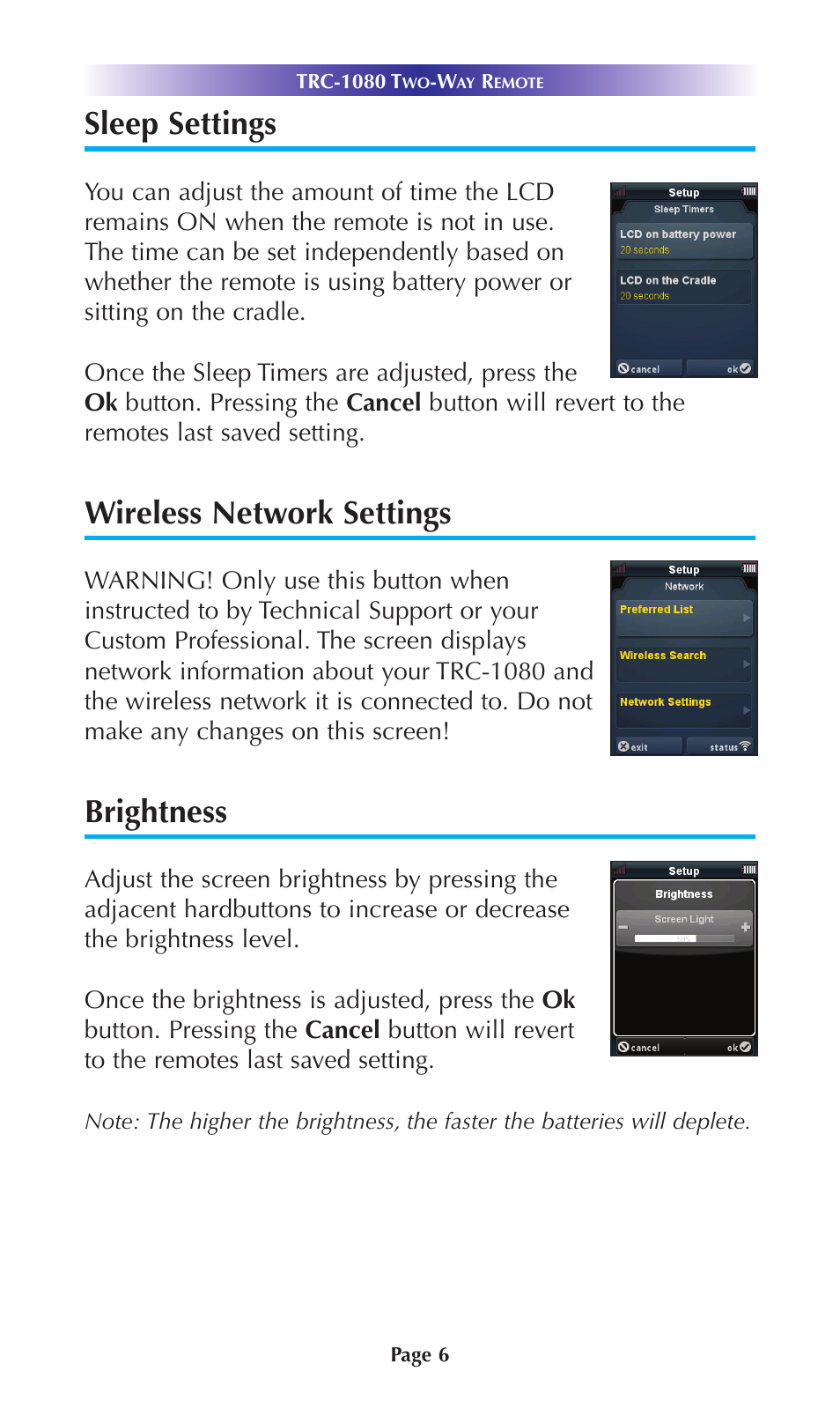 Sleep settings, Wireless network settings, Brightness | Universal Remote Control (URS) TRC-1080 User Manual | Page 9 / 24