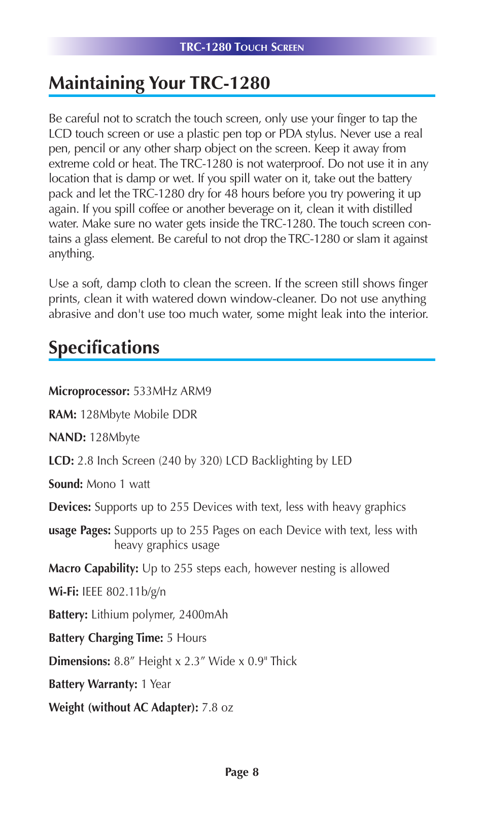 Maintaining your trc-1280, Specifications | Universal Remote Control (URS) TRC-1280 User Manual | Page 11 / 20