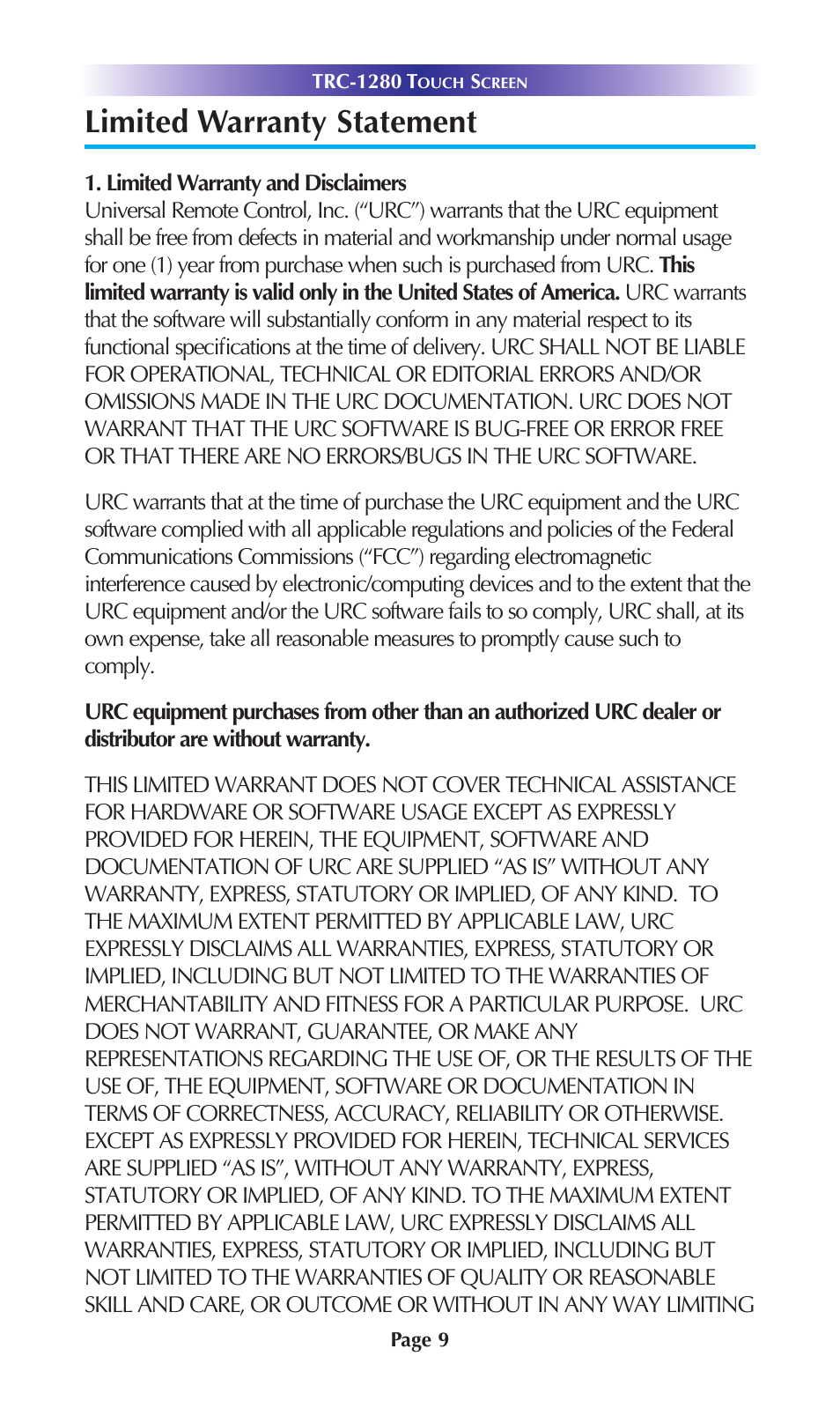 Limited warranty statement | Universal Remote Control (URS) TRC-1280 User Manual | Page 12 / 20