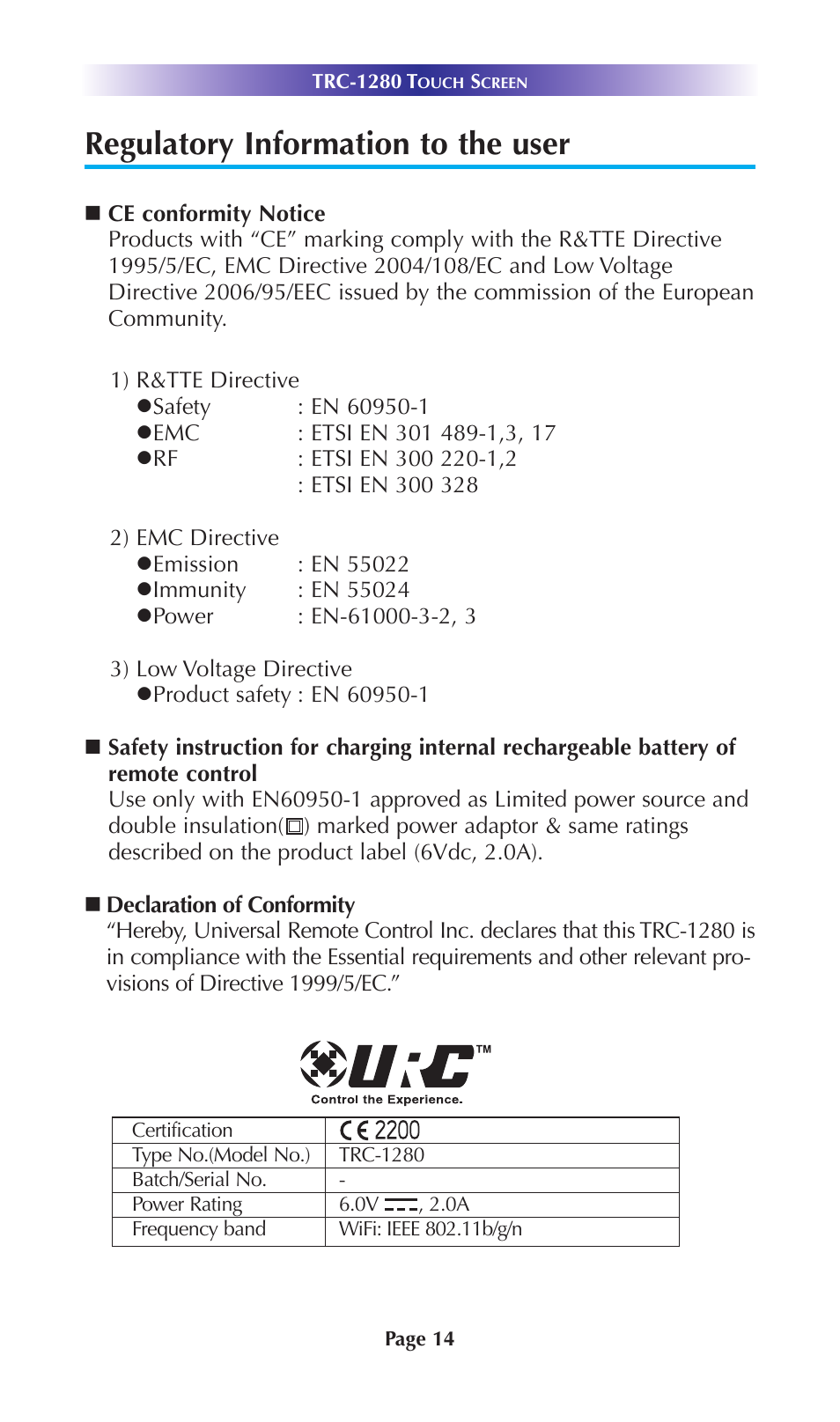 Regulatory information to the user | Universal Remote Control (URS) TRC-1280 User Manual | Page 17 / 20