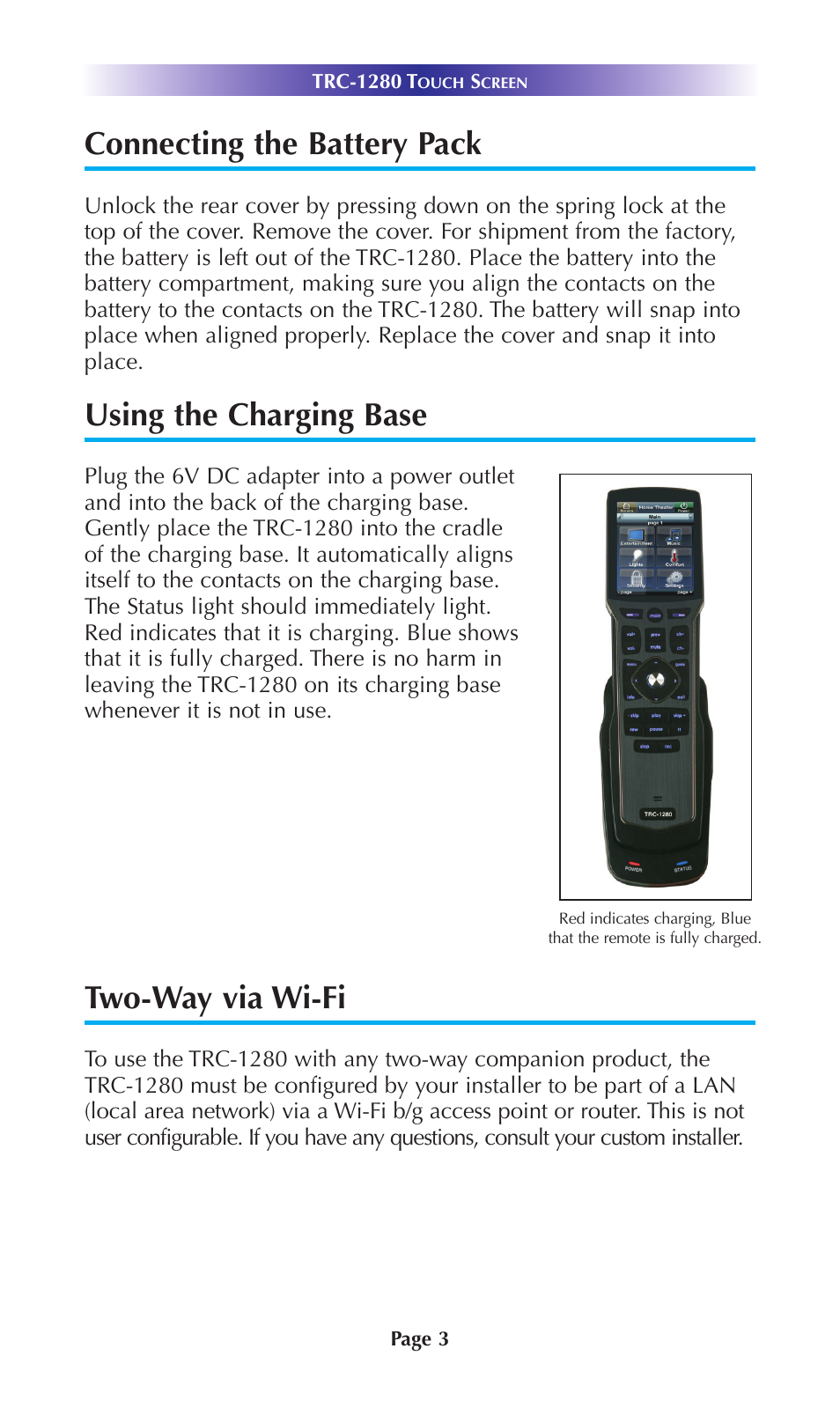 Connecting the battery pack, Using the charging base, Two-way via wi-fi | Universal Remote Control (URS) TRC-1280 User Manual | Page 6 / 20