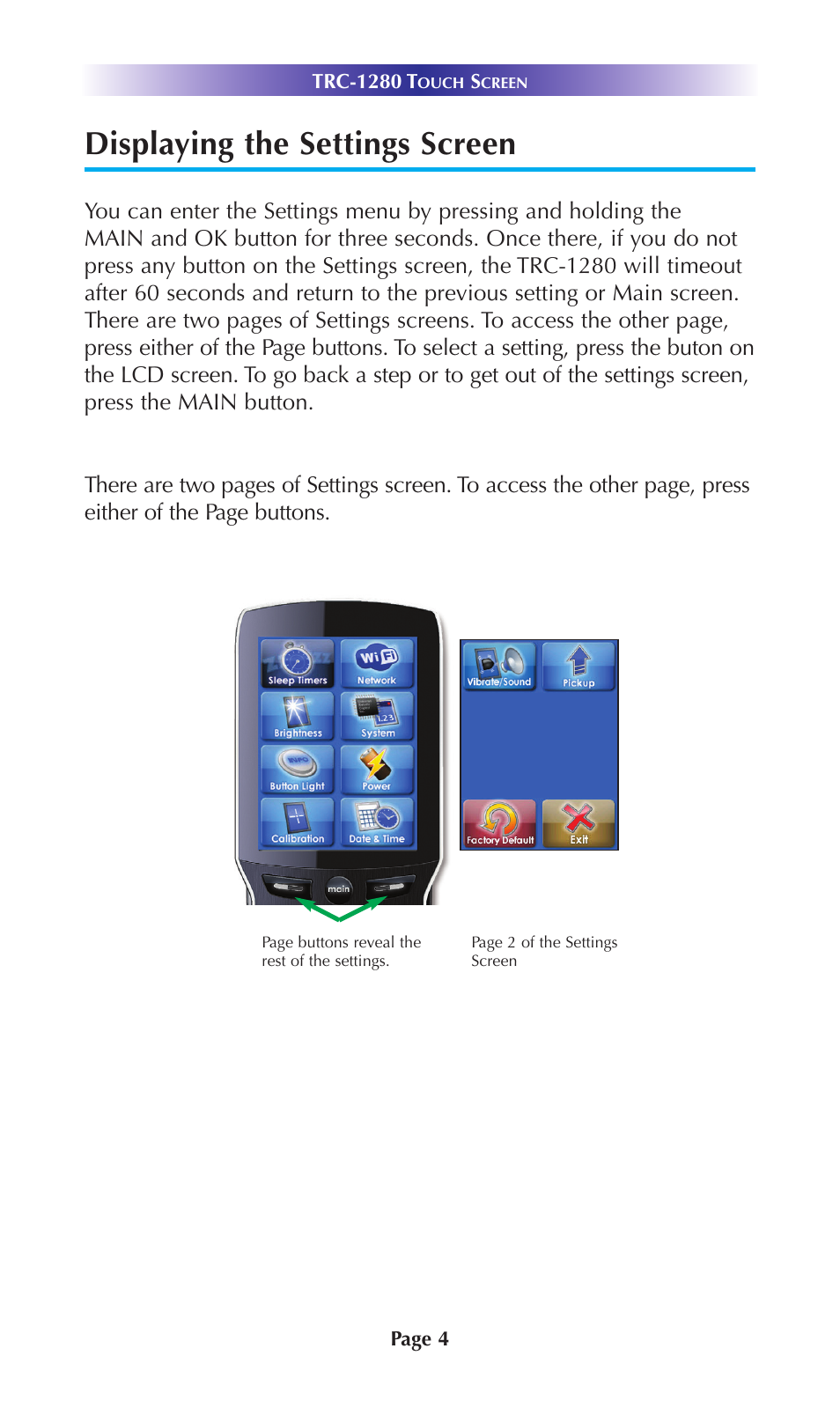 Displaying the settings screen | Universal Remote Control (URS) TRC-1280 User Manual | Page 7 / 20