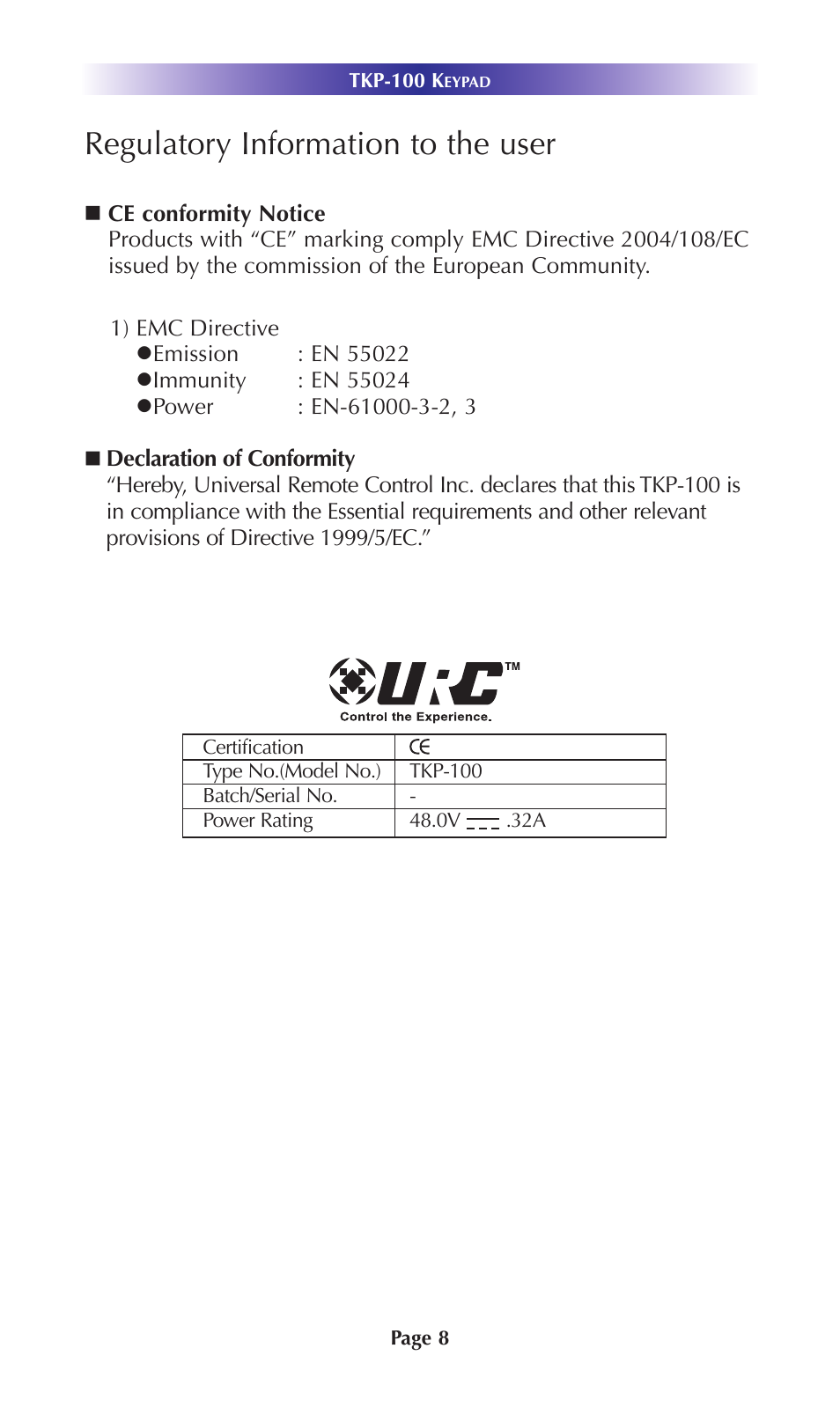 Regulatory information to the user | Universal Remote Control (URS) TKP-100 User Manual | Page 11 / 16