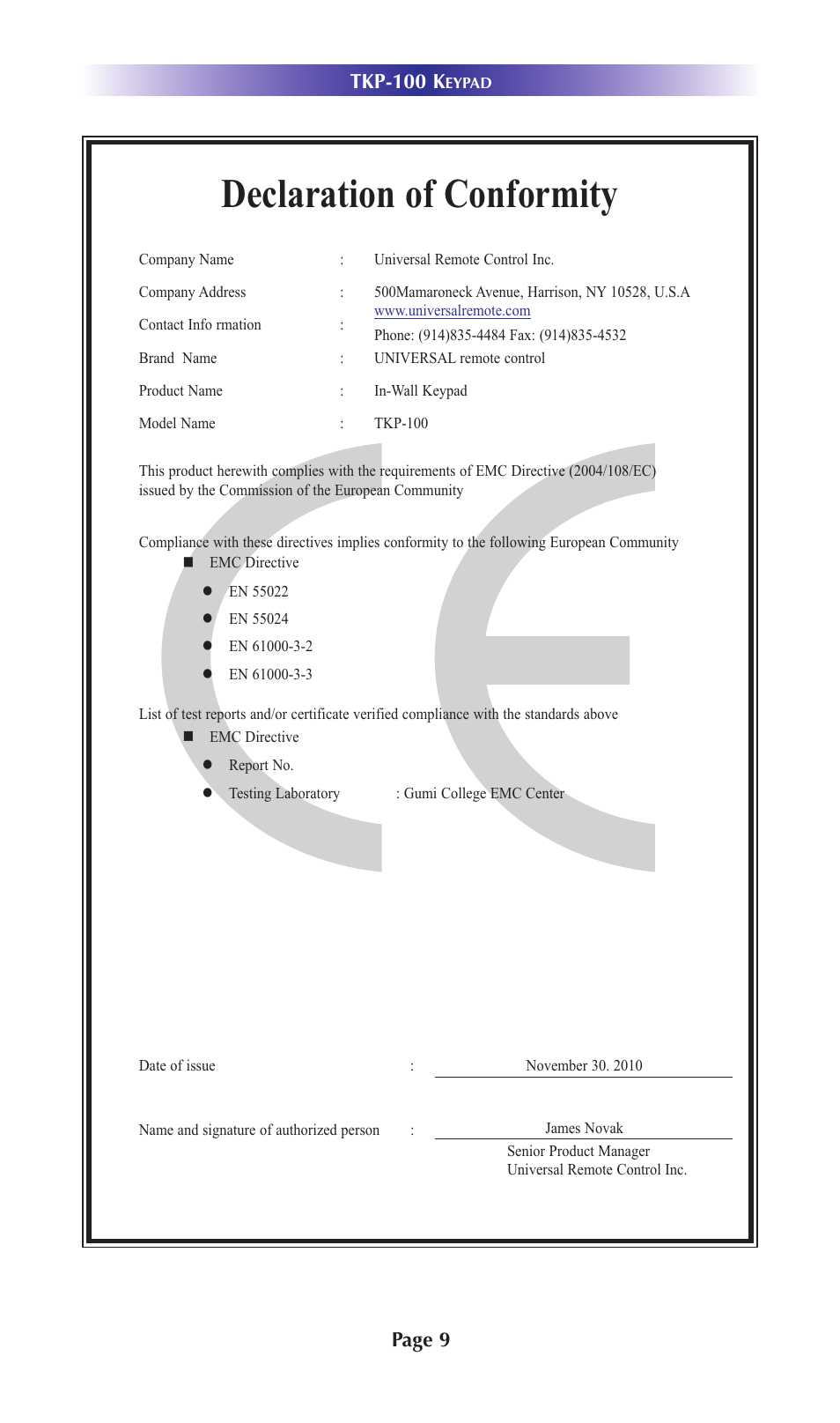 Declaration of conformity, Tkp-100 k, Page 9 | Universal Remote Control (URS) TKP-100 User Manual | Page 12 / 16