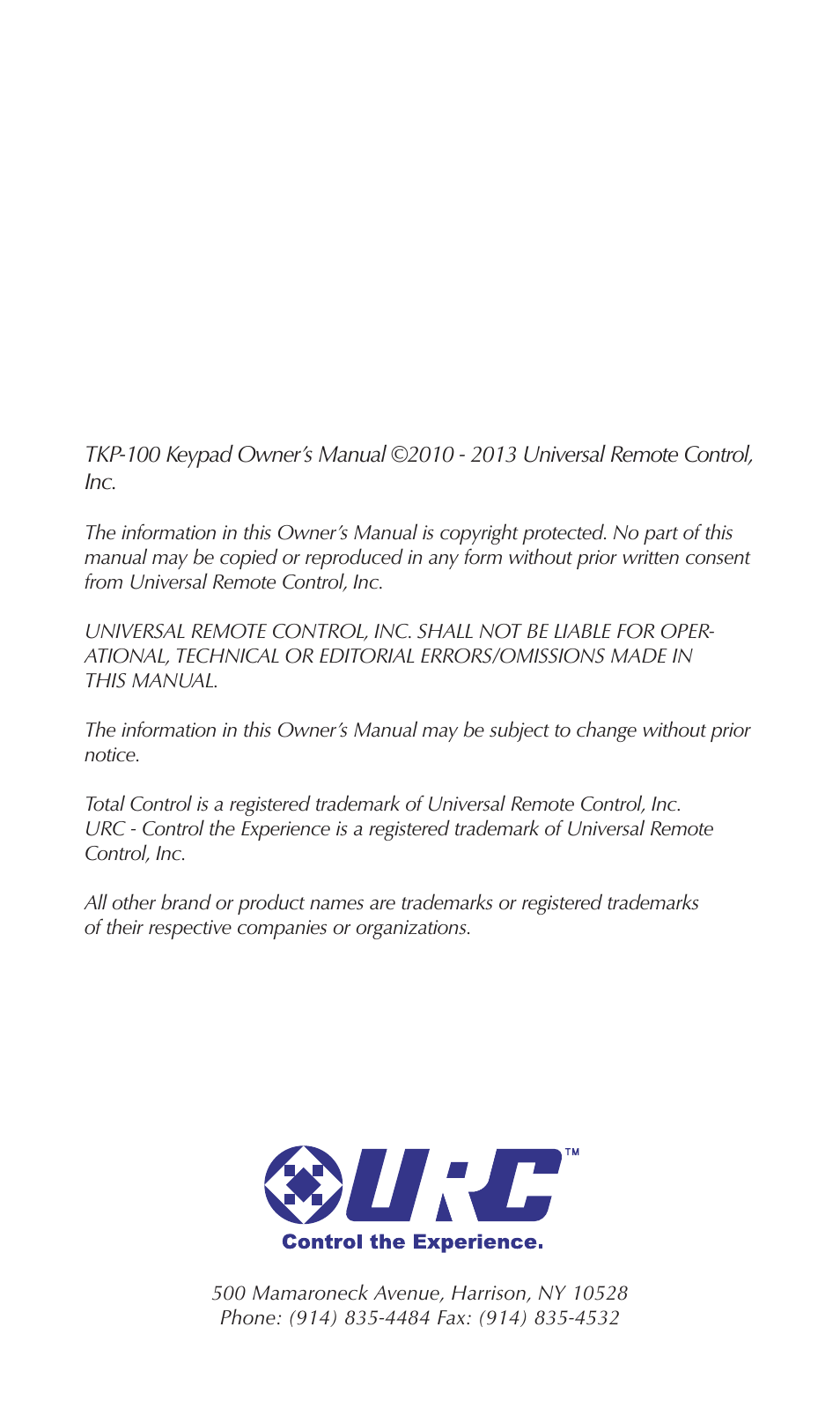 Universal Remote Control (URS) TKP-100 User Manual | Page 2 / 16