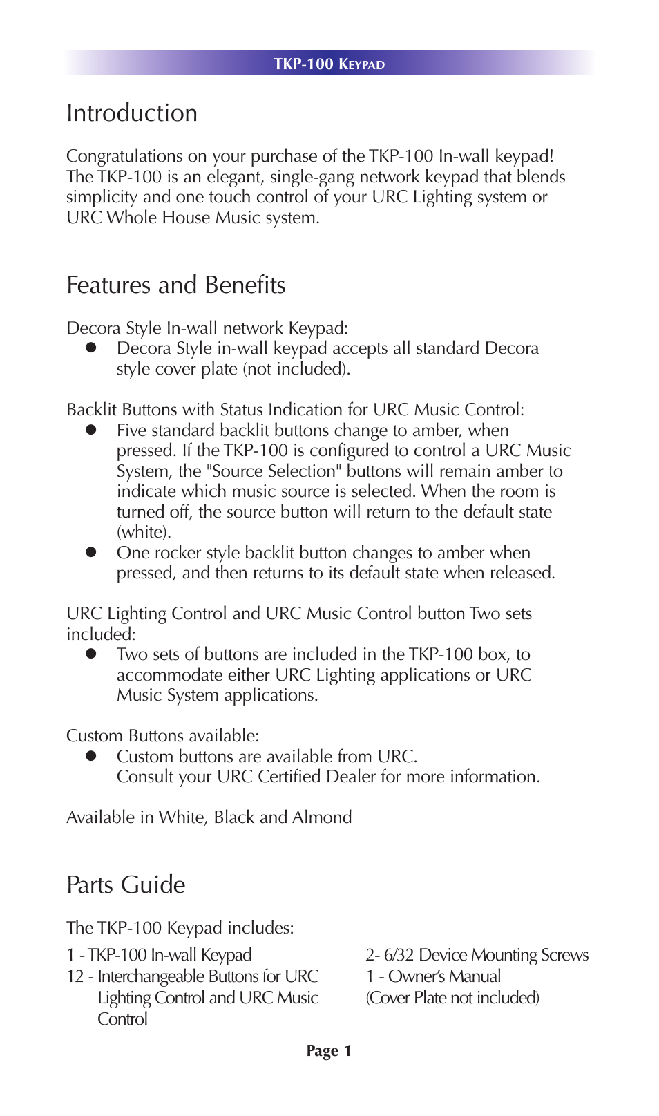 Introduction, Features and benefits, Parts guide | Universal Remote Control (URS) TKP-100 User Manual | Page 4 / 16