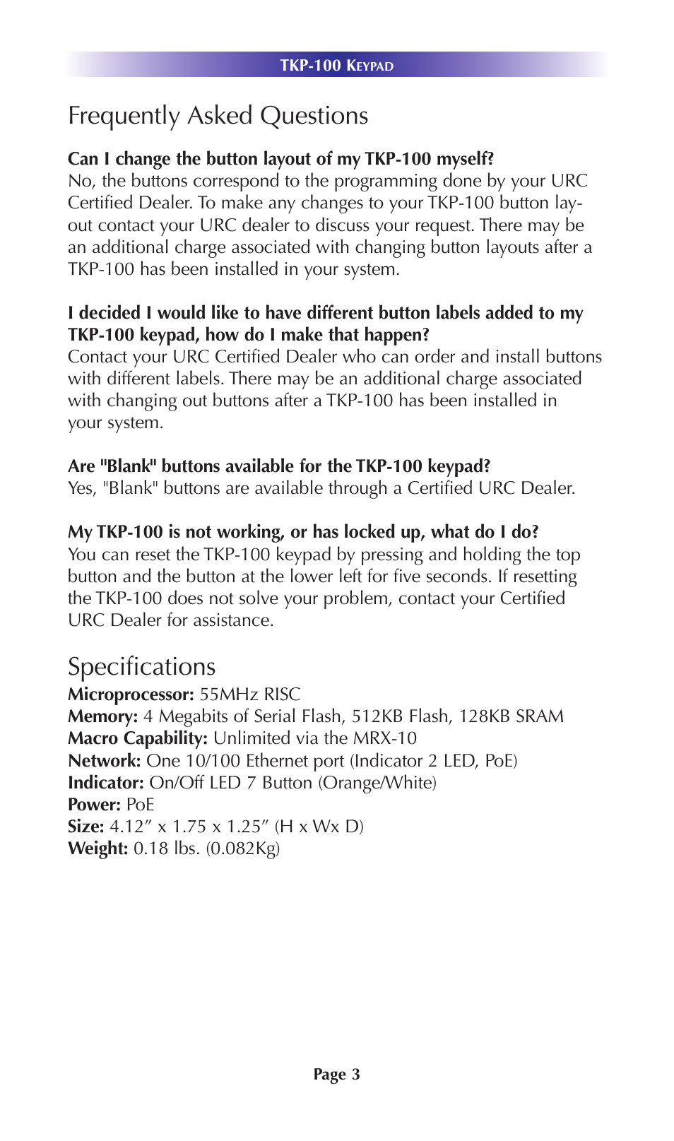 Frequently asked questions, Specifications | Universal Remote Control (URS) TKP-100 User Manual | Page 6 / 16