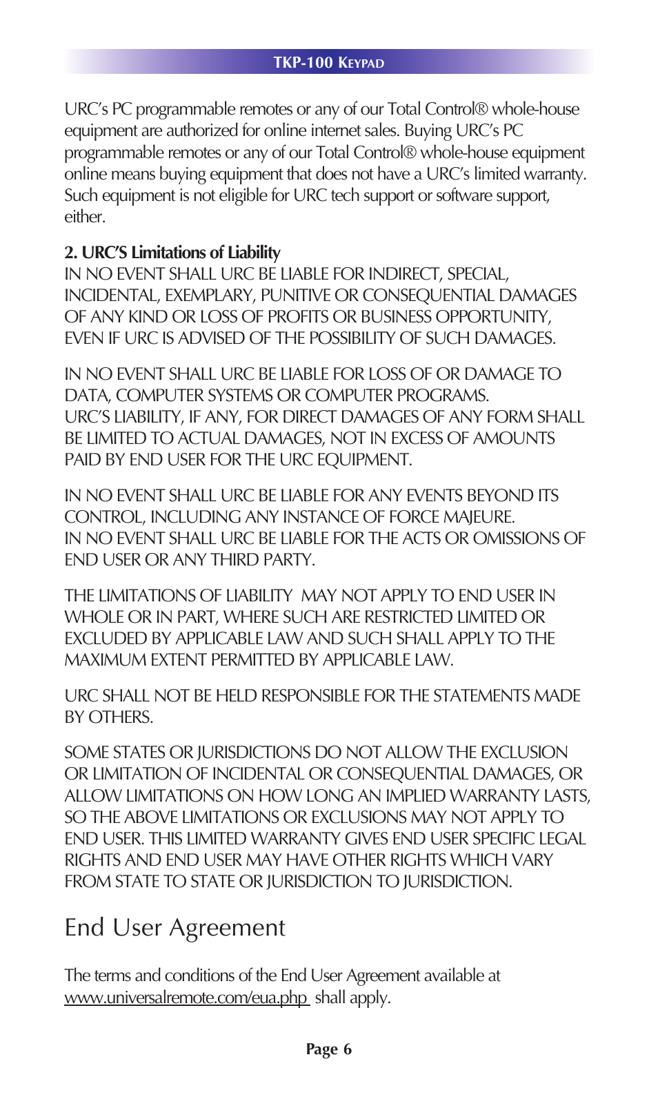 End user agreement | Universal Remote Control (URS) TKP-100 User Manual | Page 9 / 16