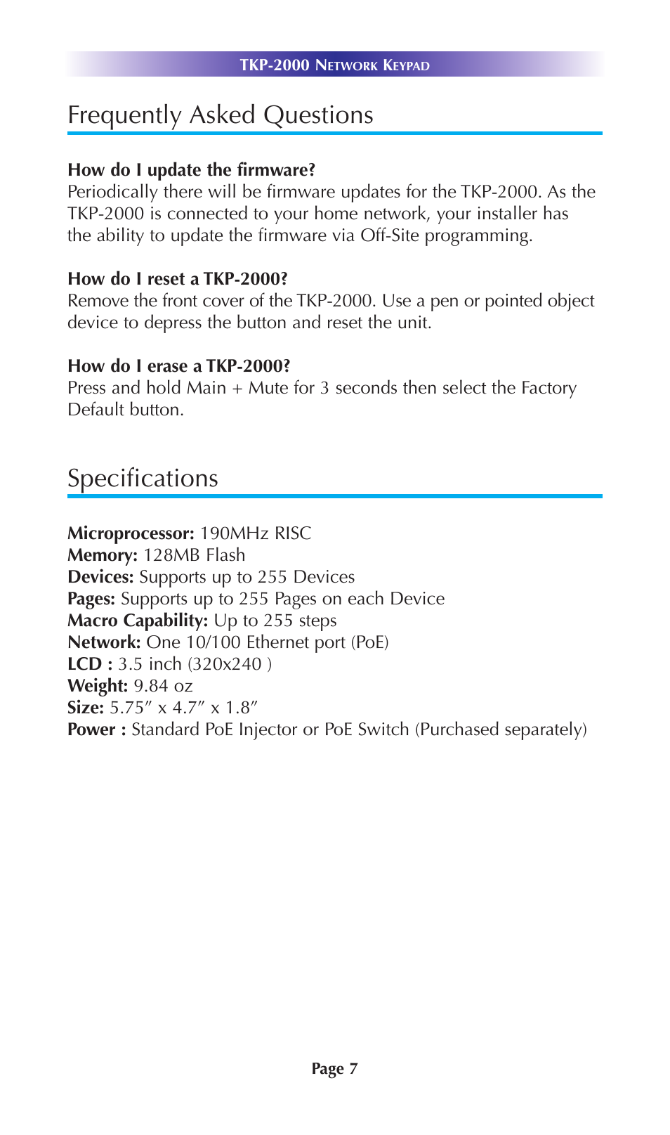 Frequently asked questions, Specifications | Universal Remote Control (URS) TKP-2000 User Manual | Page 10 / 20