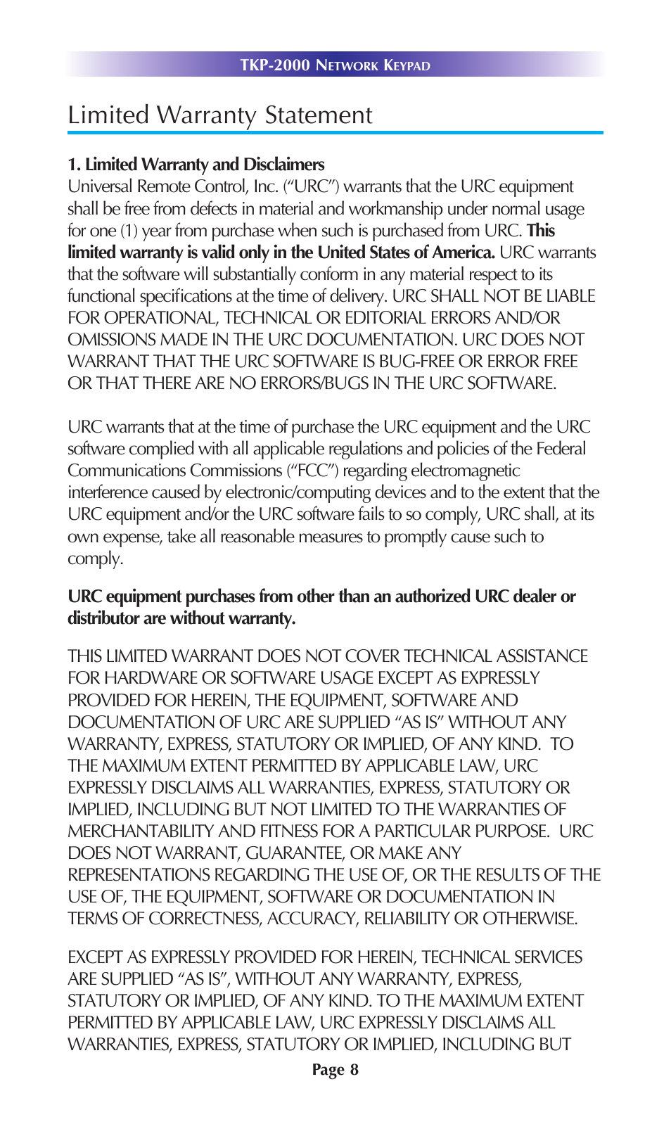 Limited warranty statement | Universal Remote Control (URS) TKP-2000 User Manual | Page 11 / 20