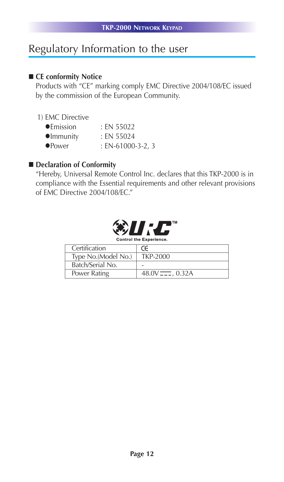 Regulatory information to the user | Universal Remote Control (URS) TKP-2000 User Manual | Page 15 / 20