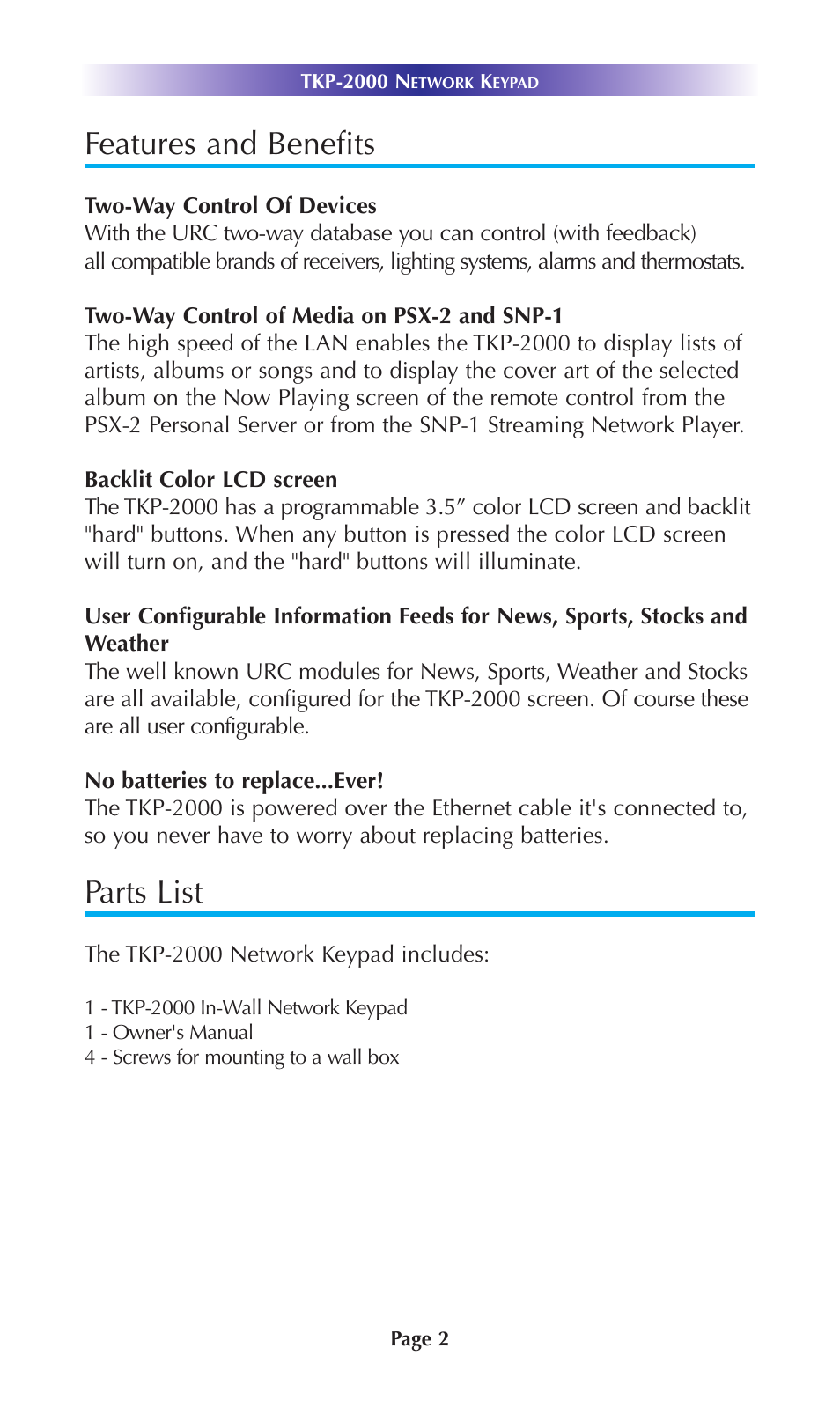 Features and benefits, Parts list | Universal Remote Control (URS) TKP-2000 User Manual | Page 5 / 20