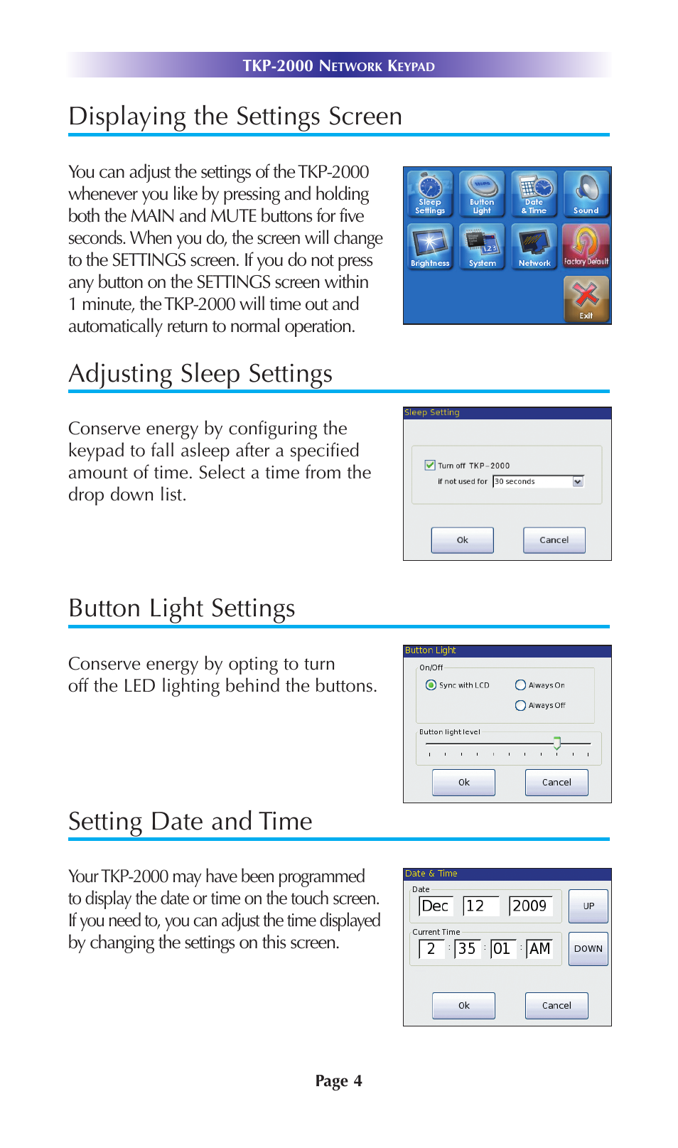 Displaying the settings screen, Adjusting sleep settings, Button light settings | Setting date and time | Universal Remote Control (URS) TKP-2000 User Manual | Page 7 / 20