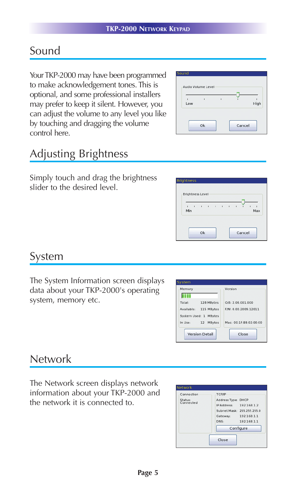 Sound, Adjusting brightness, System | Network | Universal Remote Control (URS) TKP-2000 User Manual | Page 8 / 20