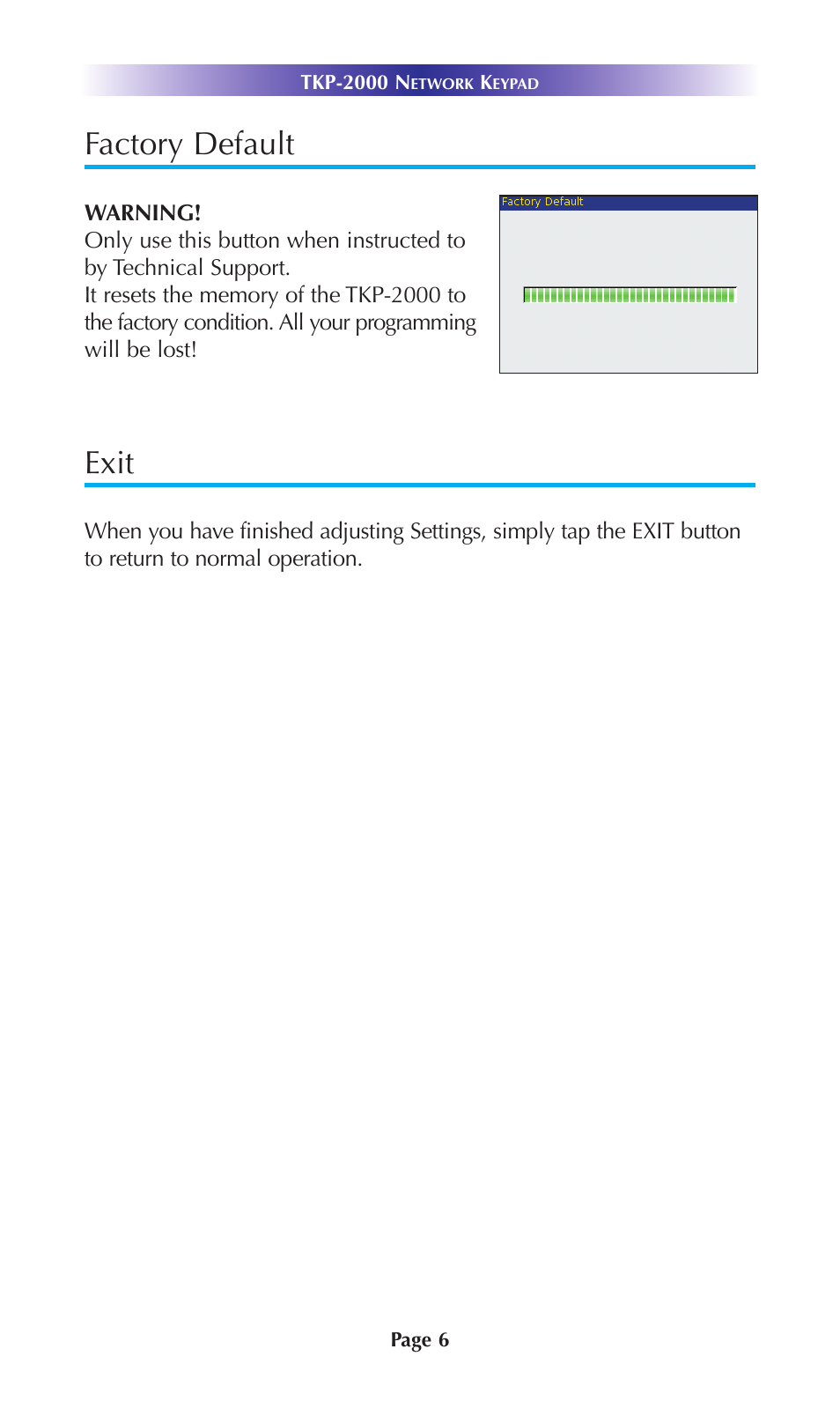 Factory default, Exit | Universal Remote Control (URS) TKP-2000 User Manual | Page 9 / 20