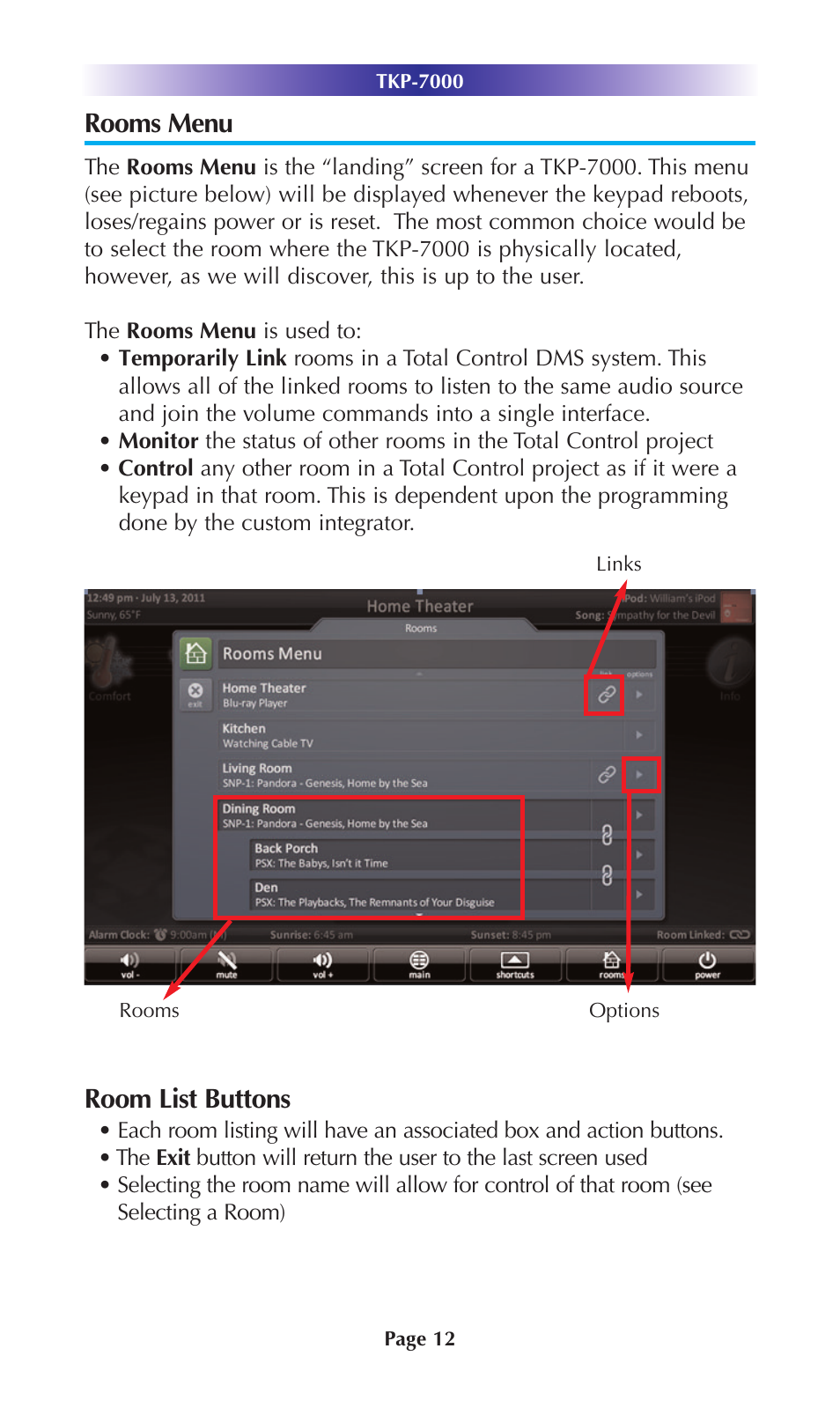 Rooms menu, Room list buttons | Universal Remote Control (URS) TKP-7000 User Manual | Page 15 / 40