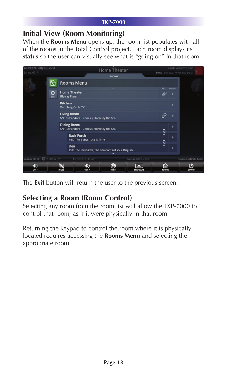 Initial view (room monitoring), Selecting a room (room control) | Universal Remote Control (URS) TKP-7000 User Manual | Page 16 / 40