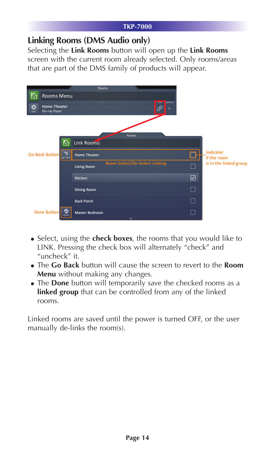 Linking rooms (dms audio only) | Universal Remote Control (URS) TKP-7000 User Manual | Page 17 / 40