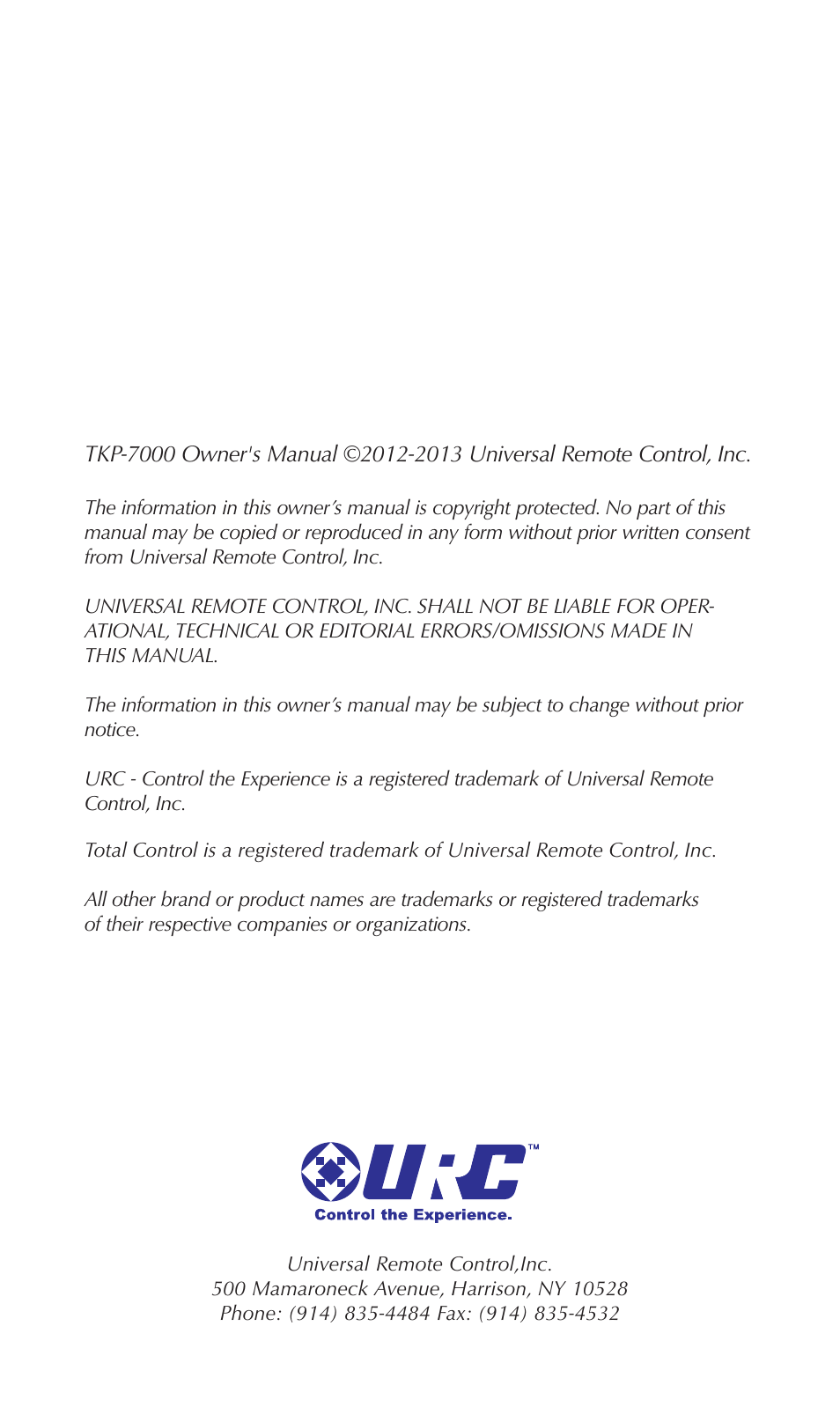 Universal Remote Control (URS) TKP-7000 User Manual | Page 2 / 40