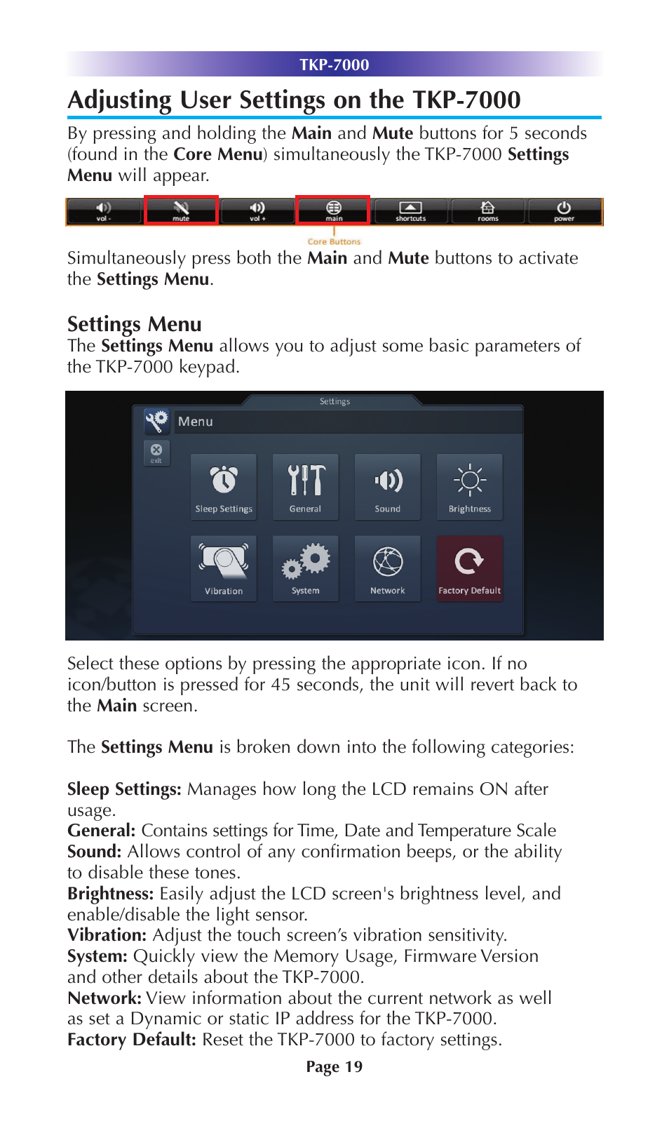 Adjusting user settings on the tkp-7000, Settings menu | Universal Remote Control (URS) TKP-7000 User Manual | Page 22 / 40