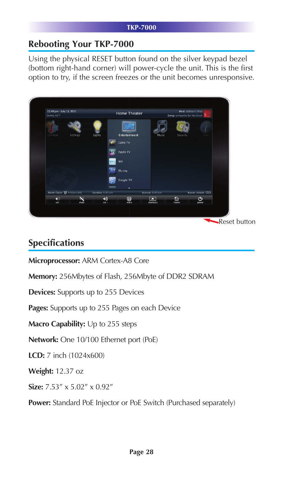 Rebooting your tkp-7000, Specifications | Universal Remote Control (URS) TKP-7000 User Manual | Page 31 / 40