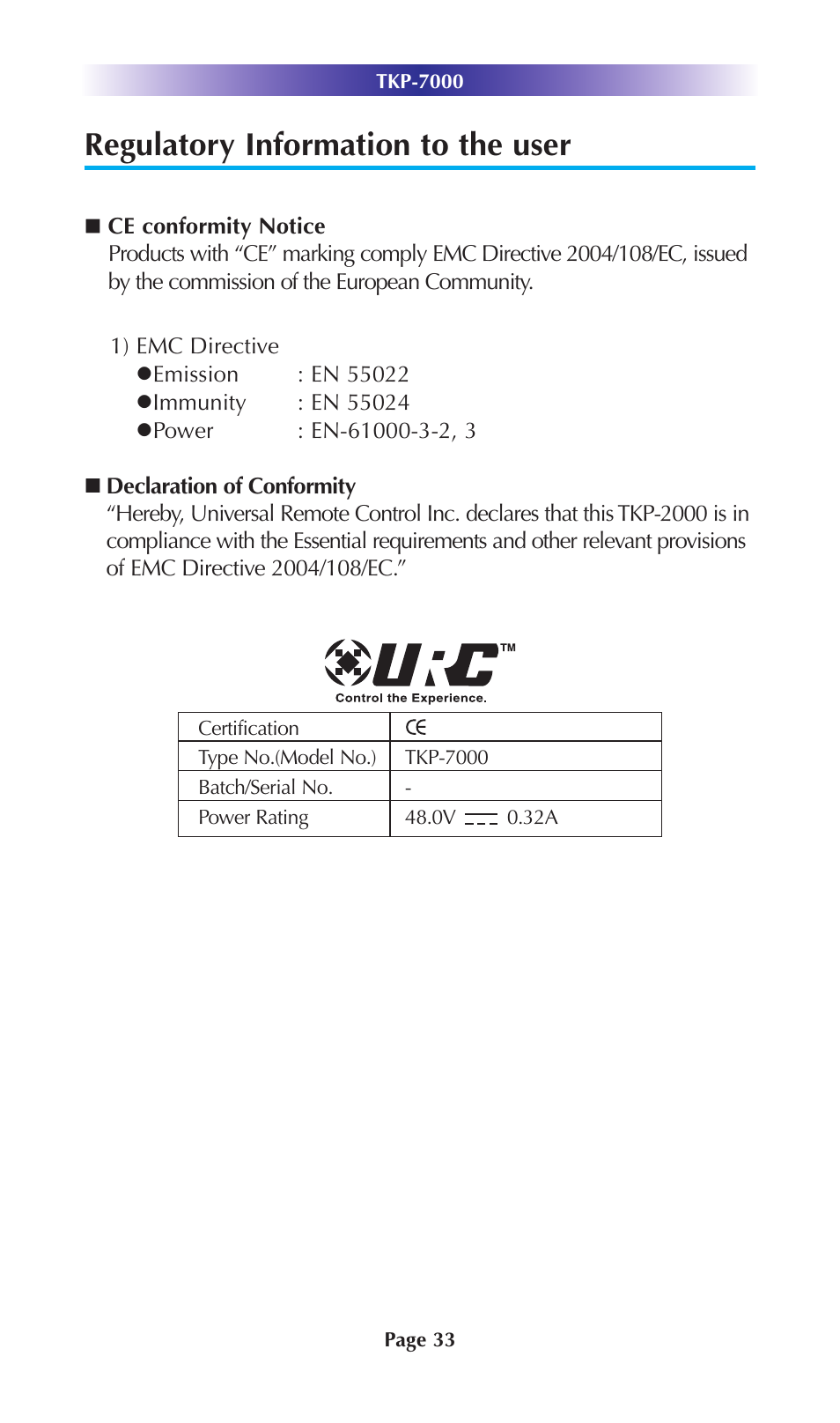 Regulatory information to the user | Universal Remote Control (URS) TKP-7000 User Manual | Page 36 / 40