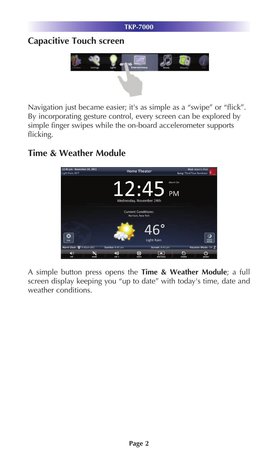 Capacitive touch screen, Time & weather module | Universal Remote Control (URS) TKP-7000 User Manual | Page 5 / 40