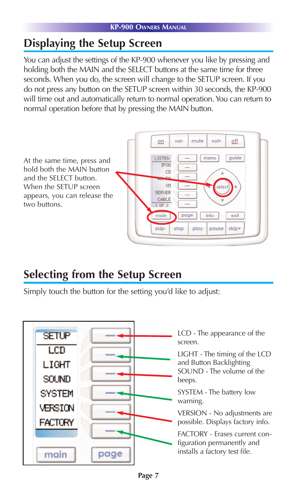 Displaying the setup screen, Selecting from the setup screen | Universal Remote Control (URS) KP-900 User Manual | Page 10 / 23