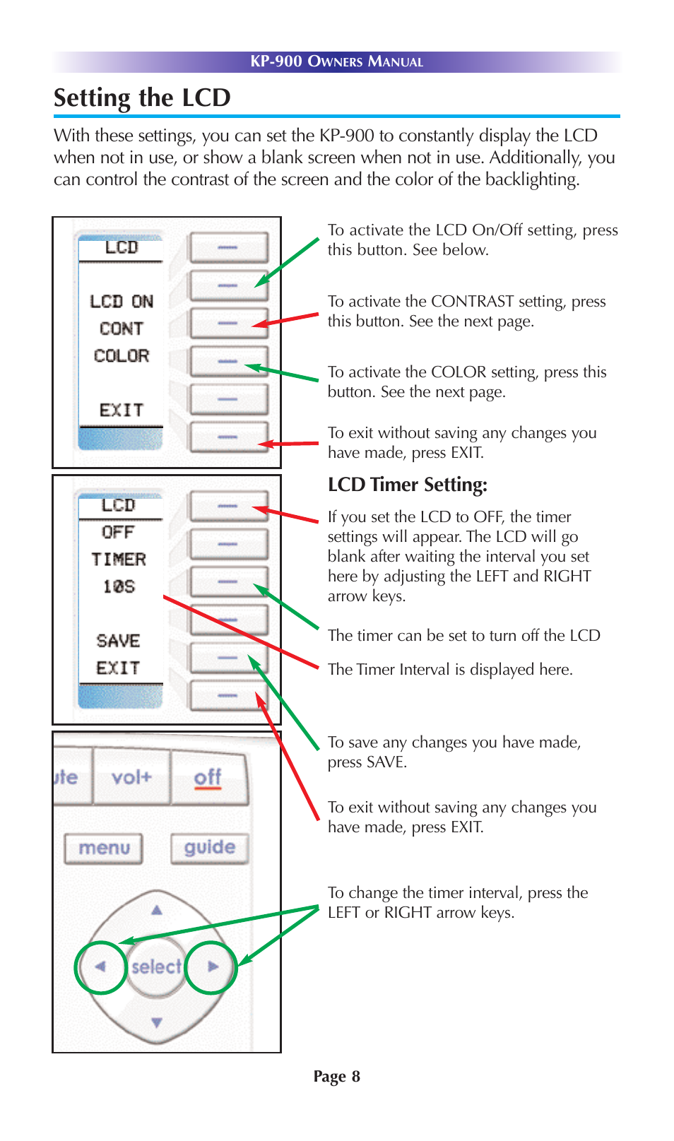 Setting the lcd, Lcd timer setting | Universal Remote Control (URS) KP-900 User Manual | Page 11 / 23