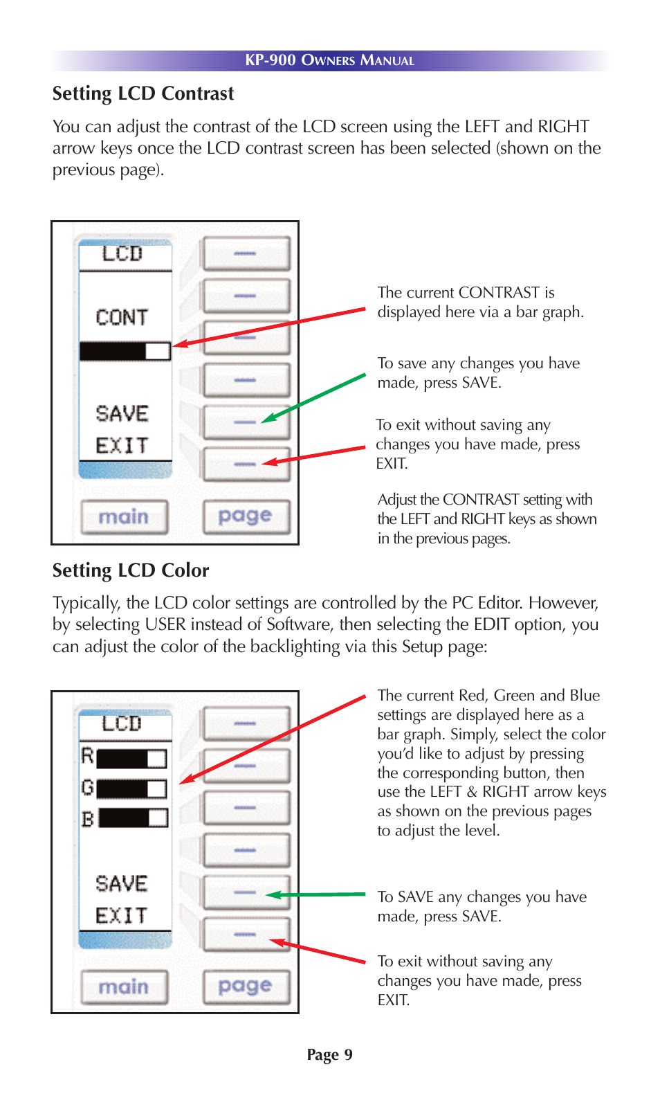 Setting lcd contrast, Setting lcd color | Universal Remote Control (URS) KP-900 User Manual | Page 12 / 23