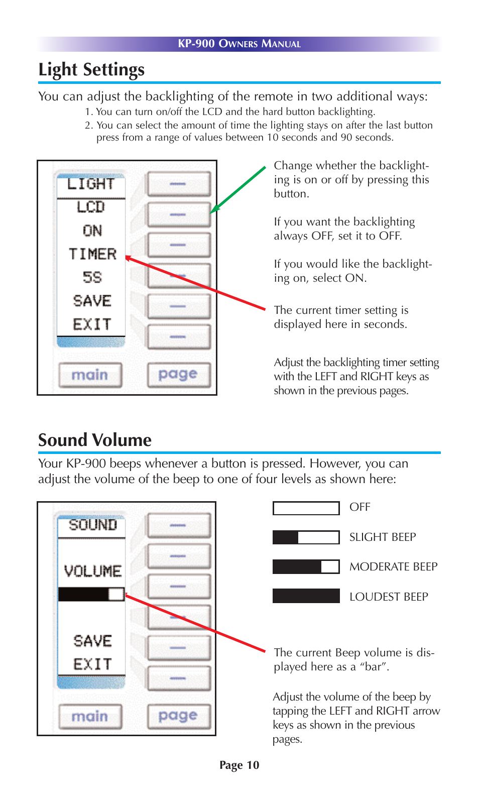 Light settings, Sound volume | Universal Remote Control (URS) KP-900 User Manual | Page 13 / 23