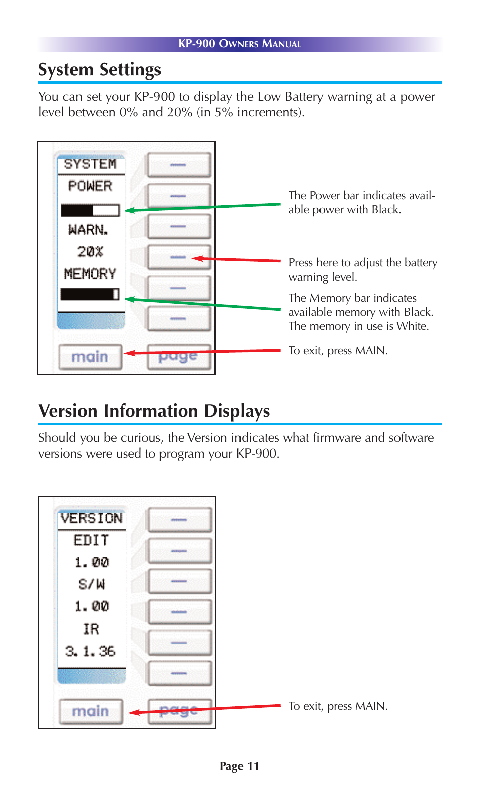 System settings, Version information displays | Universal Remote Control (URS) KP-900 User Manual | Page 14 / 23