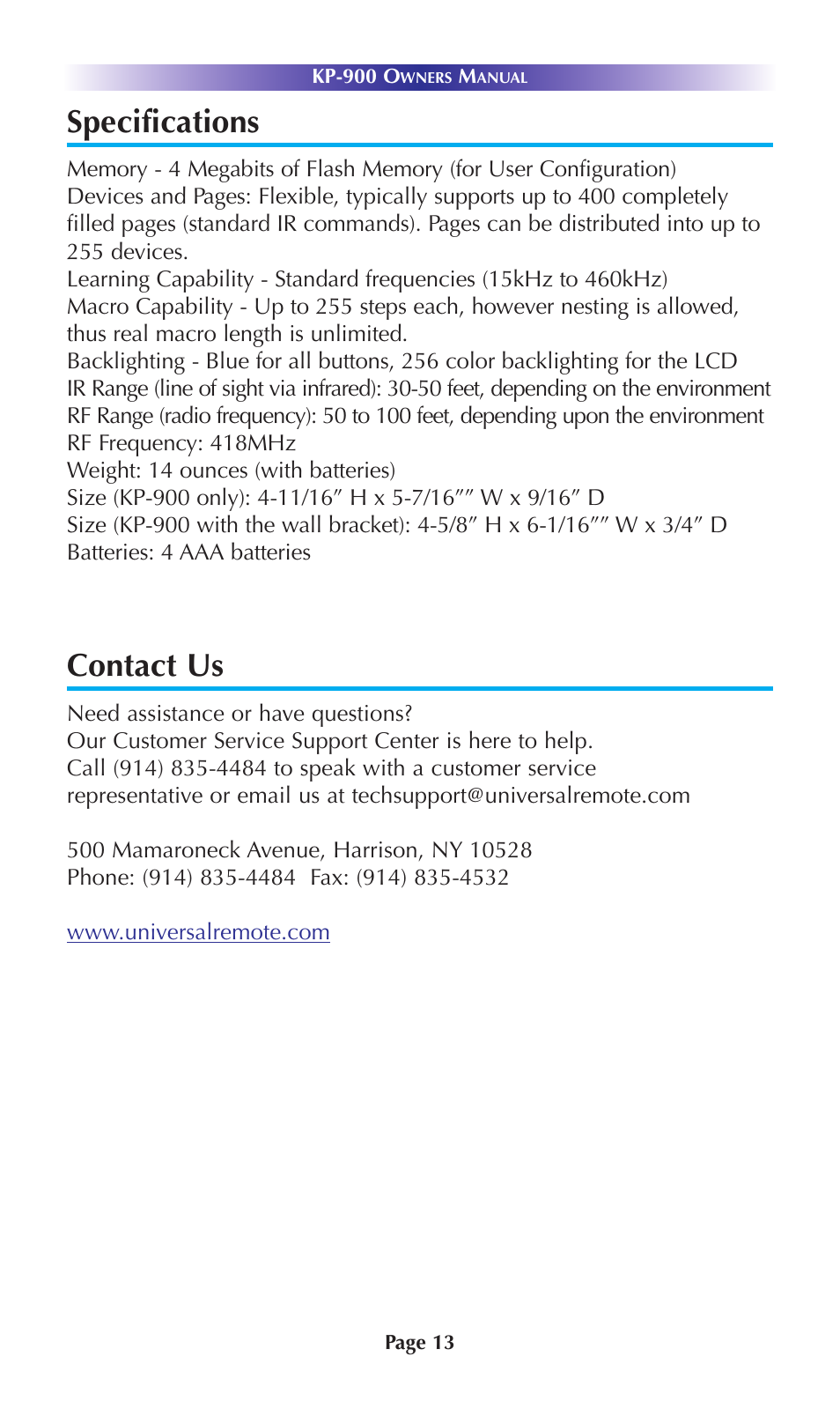 Specifications, Contact us | Universal Remote Control (URS) KP-900 User Manual | Page 16 / 23