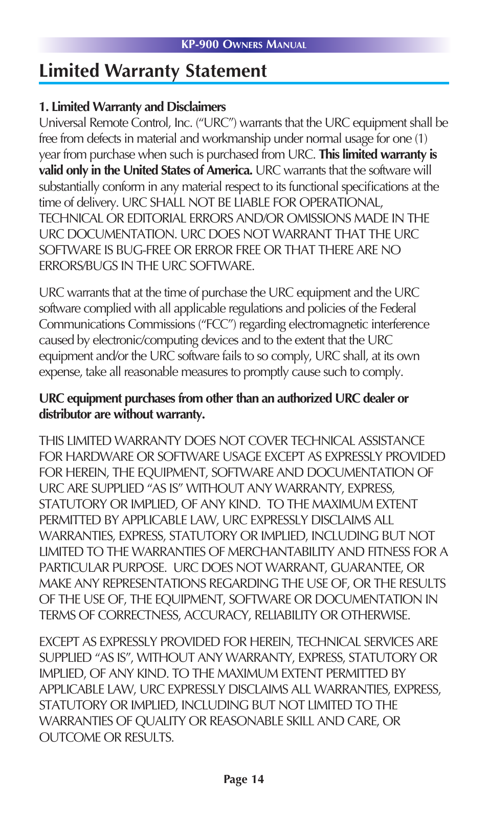 Specifications, Contact universal remote control, Limited warranty statement | Universal Remote Control (URS) KP-900 User Manual | Page 17 / 23