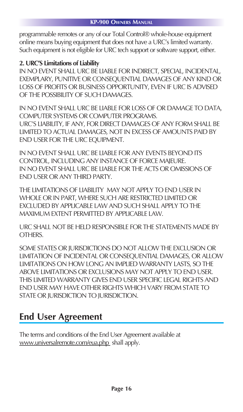 Your activities, End user agreement | Universal Remote Control (URS) KP-900 User Manual | Page 19 / 23