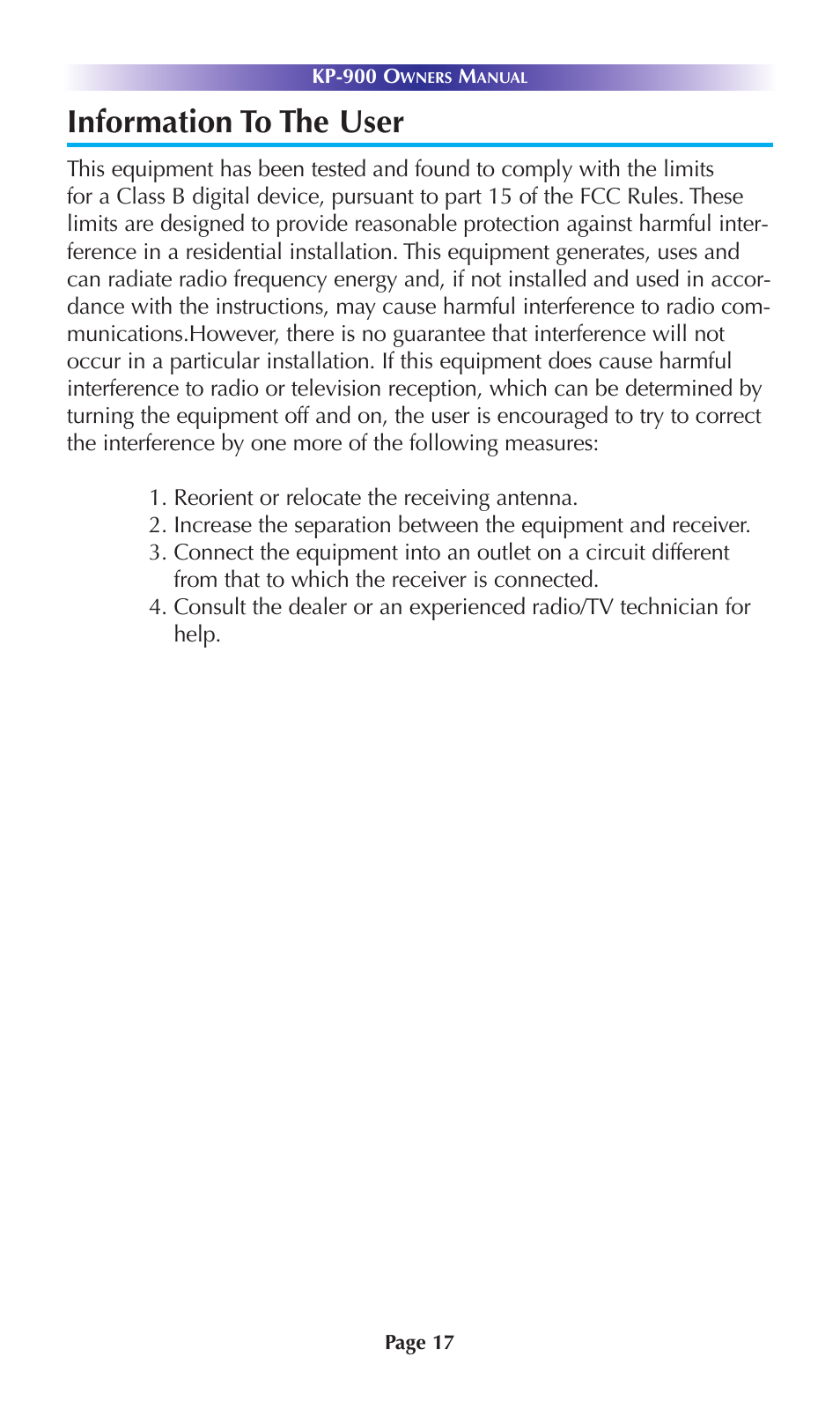 Information to the user | Universal Remote Control (URS) KP-900 User Manual | Page 20 / 23