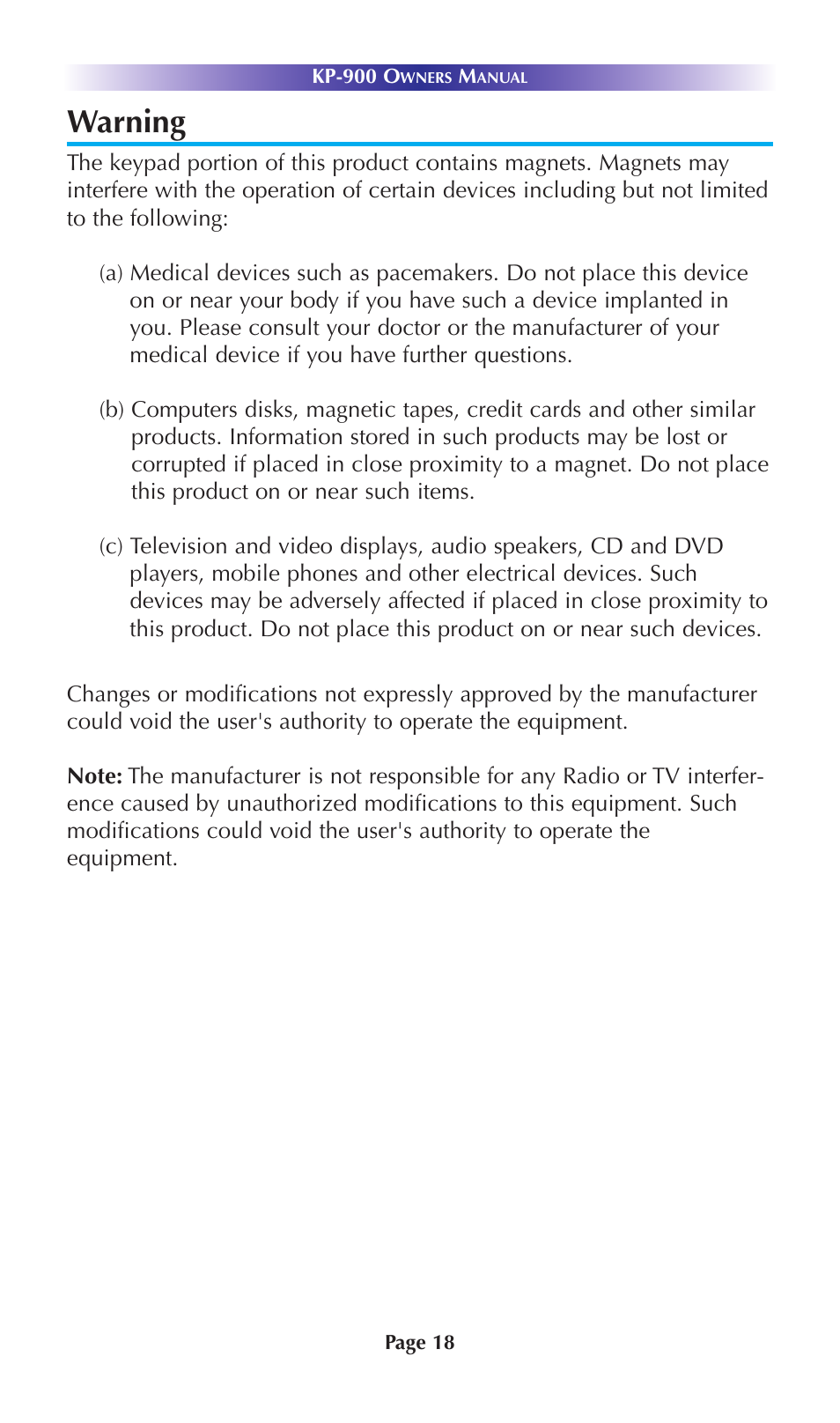 Warning | Universal Remote Control (URS) KP-900 User Manual | Page 21 / 23