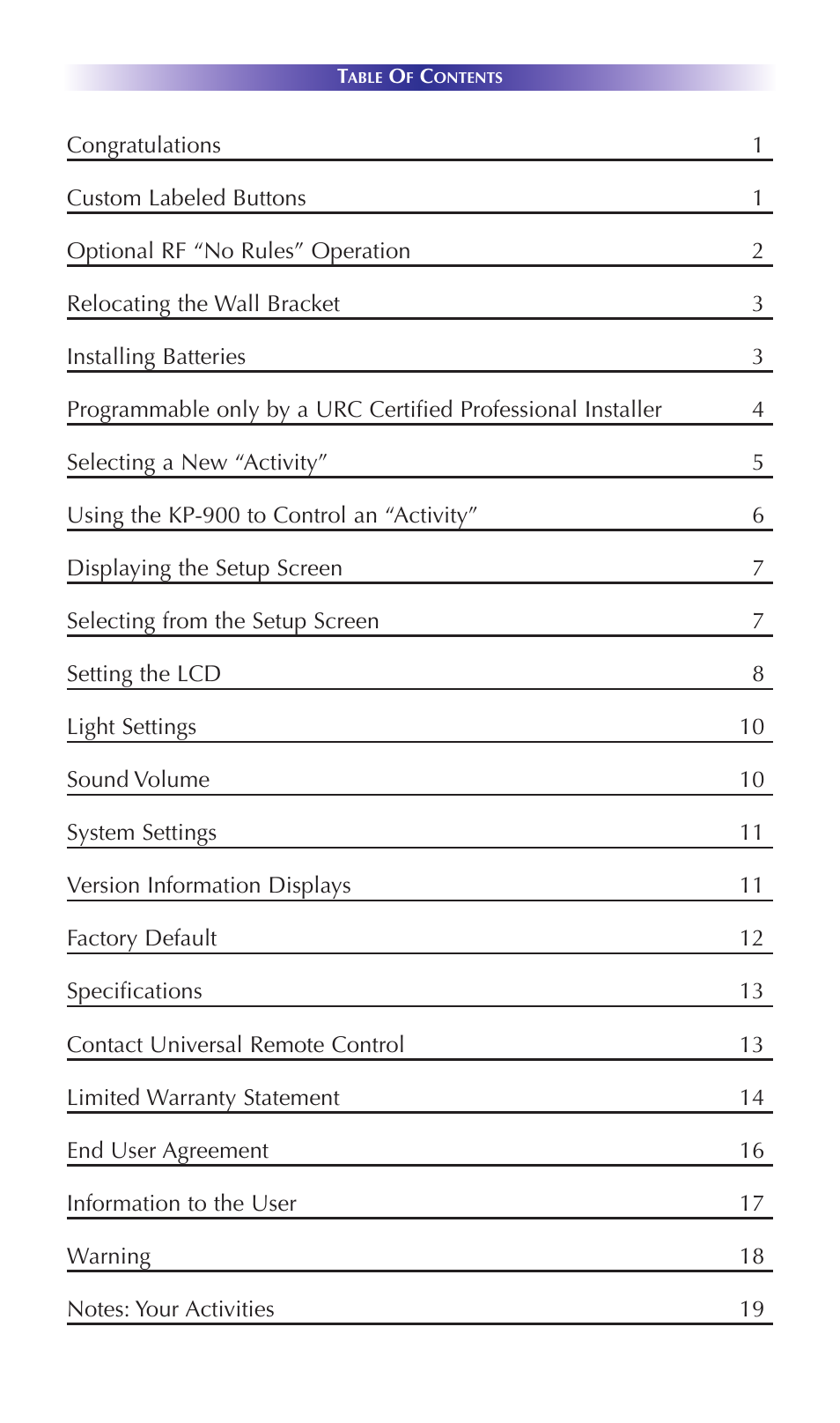 Installing batteries | Universal Remote Control (URS) KP-900 User Manual | Page 3 / 23