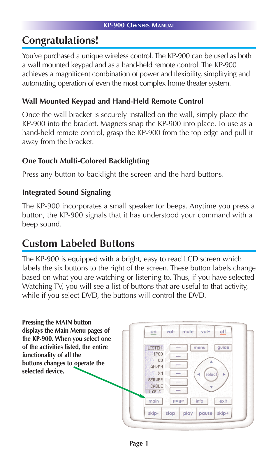 Custom labeled buttons | Universal Remote Control (URS) KP-900 User Manual | Page 4 / 23