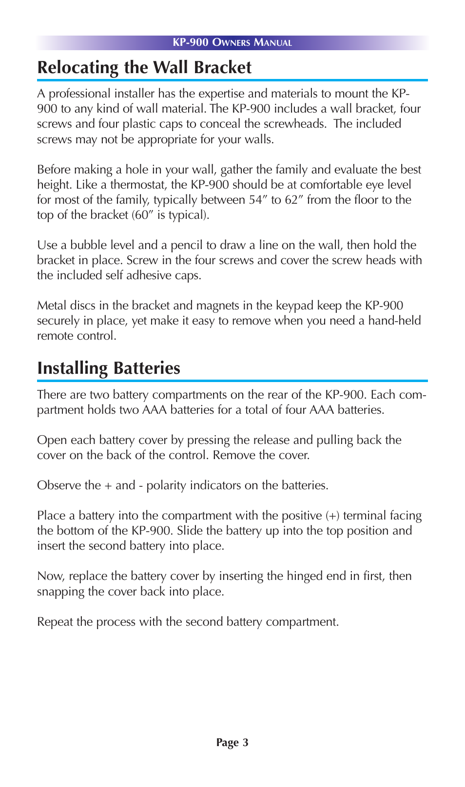 Relocating the wall bracket, Installing batteries | Universal Remote Control (URS) KP-900 User Manual | Page 6 / 23