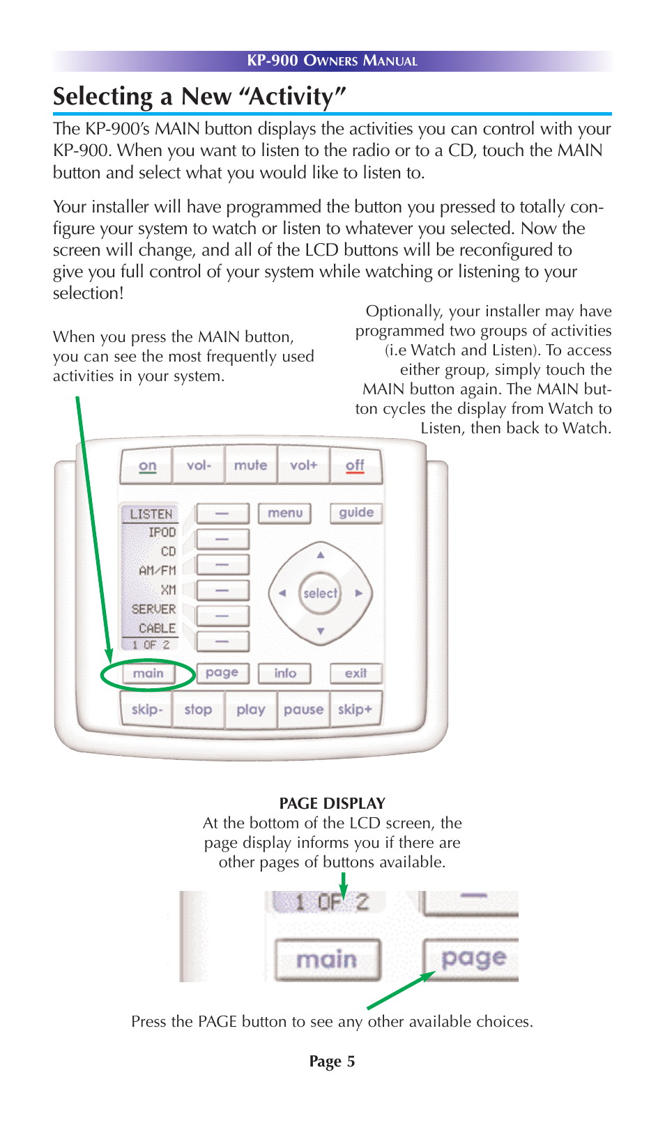 Selecting a new “activity | Universal Remote Control (URS) KP-900 User Manual | Page 8 / 23