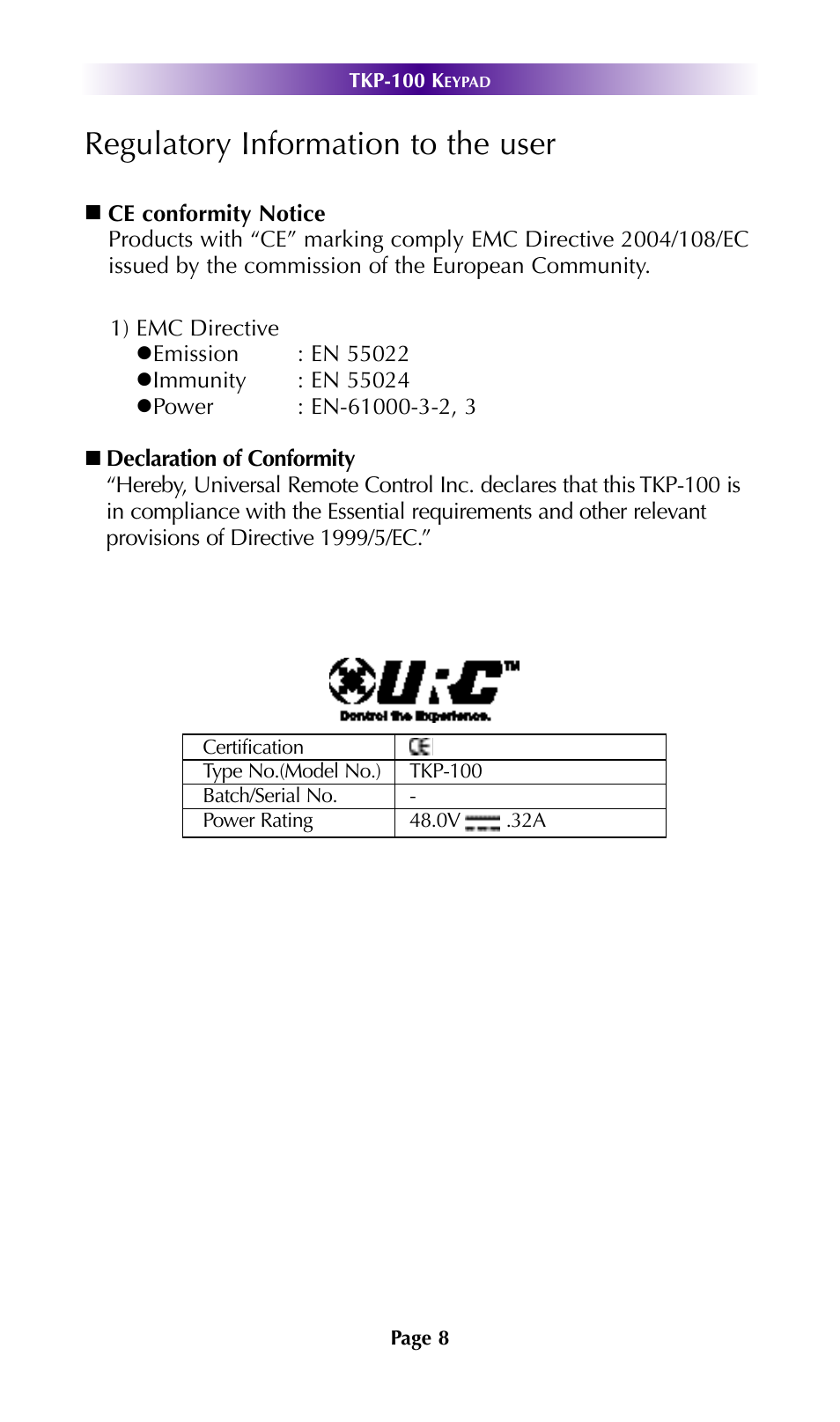 Regulatory information to the user | Universal Remote Control (URS) TKP-100 User Manual | Page 11 / 15