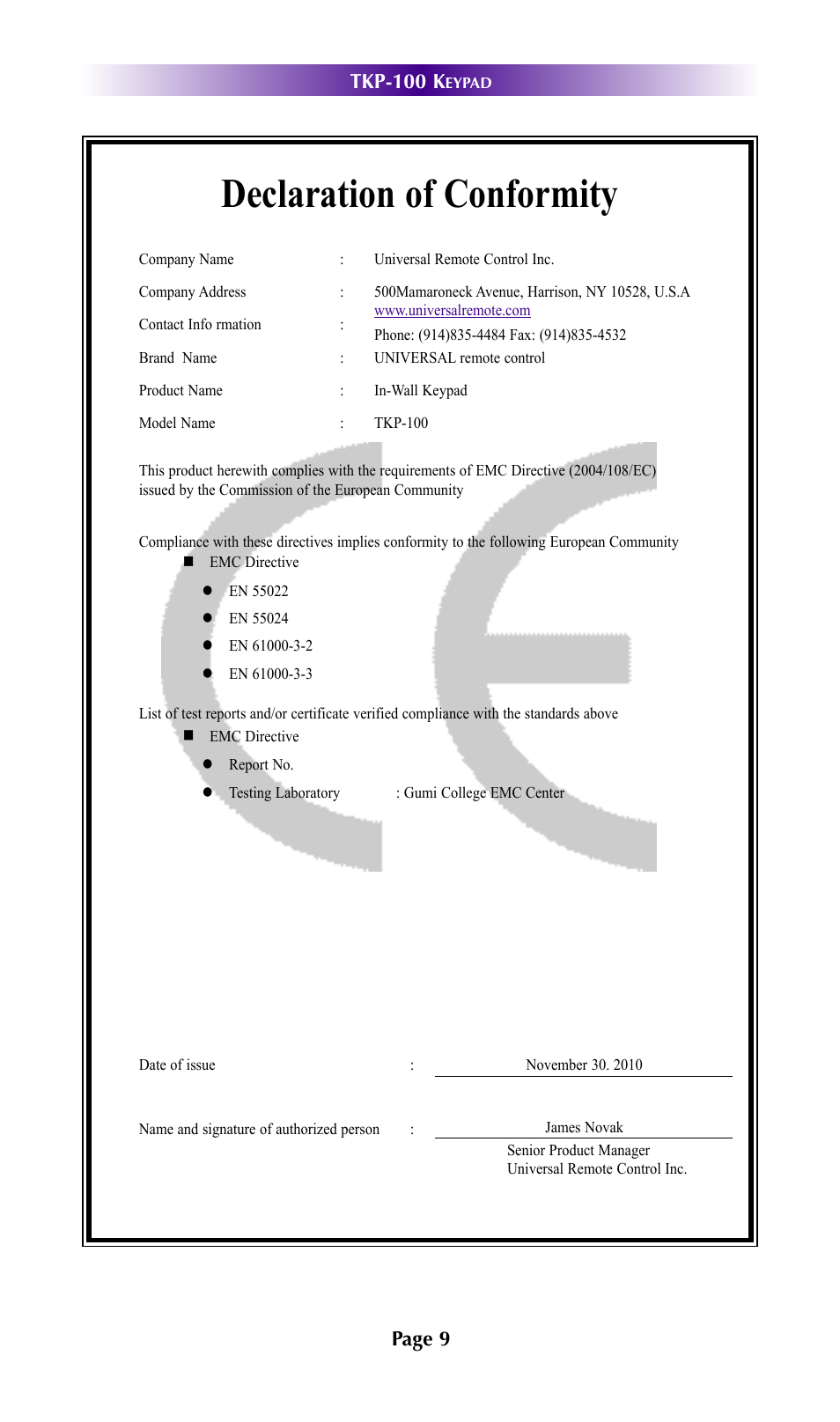 Declaration of conformity, Tkp-100 k, Page 9 | Universal Remote Control (URS) TKP-100 User Manual | Page 12 / 15