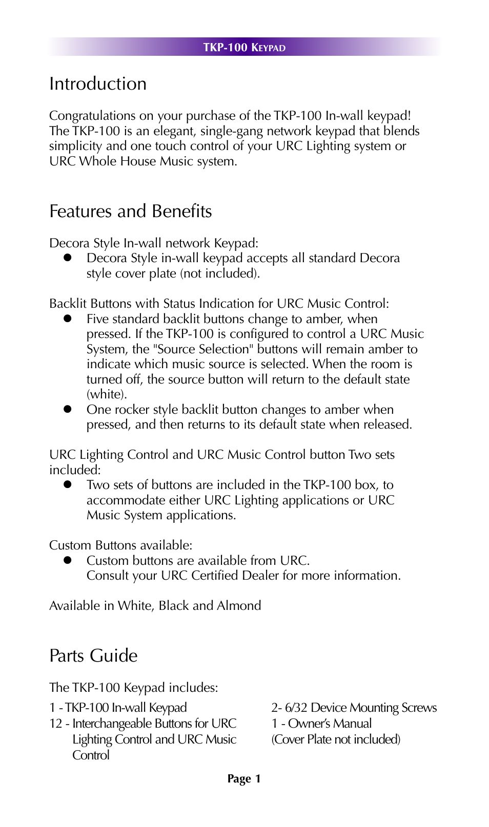 Introduction, Features and benefits, Parts guide | Universal Remote Control (URS) TKP-100 User Manual | Page 4 / 15