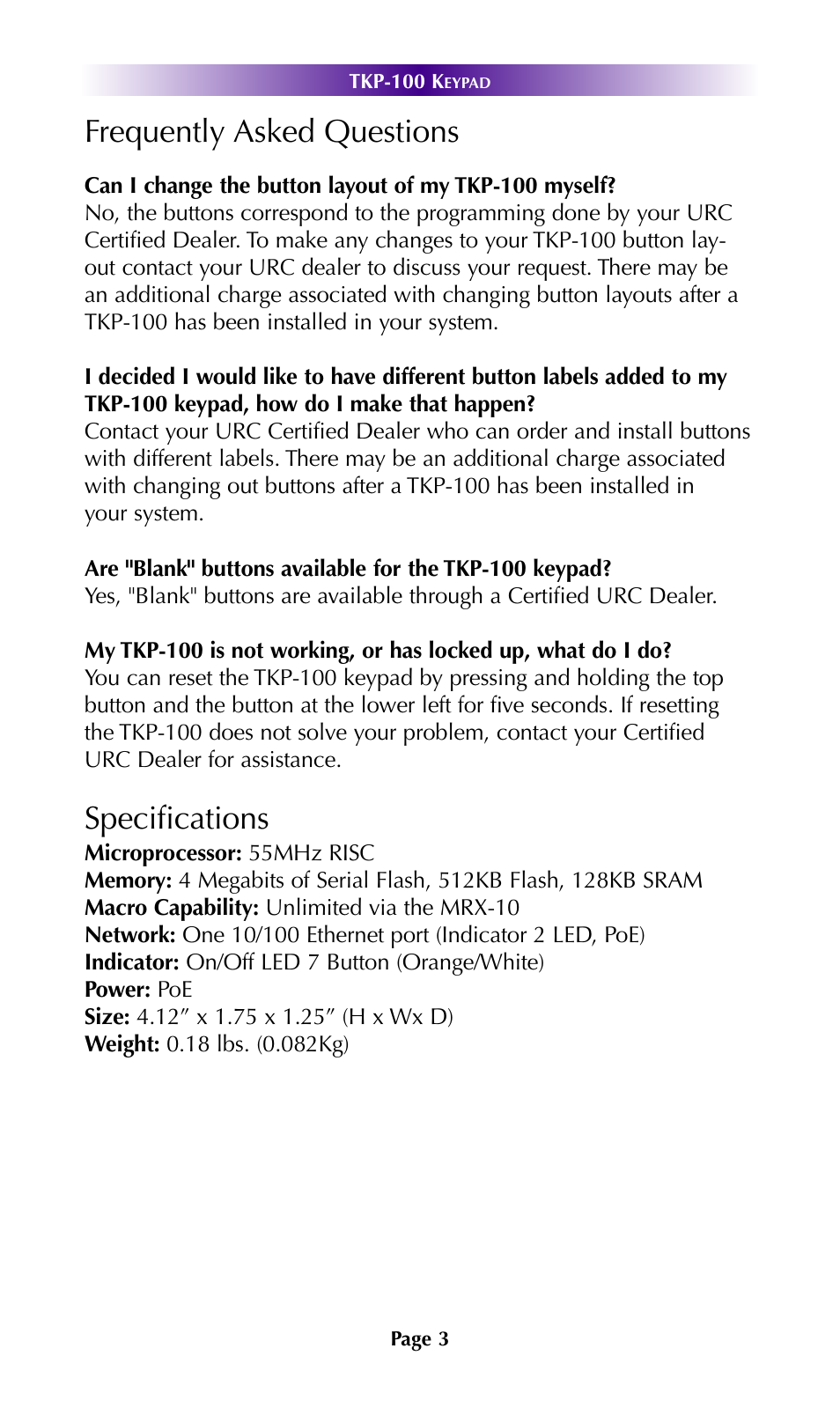 Frequently asked questions, Specifications | Universal Remote Control (URS) TKP-100 User Manual | Page 6 / 15