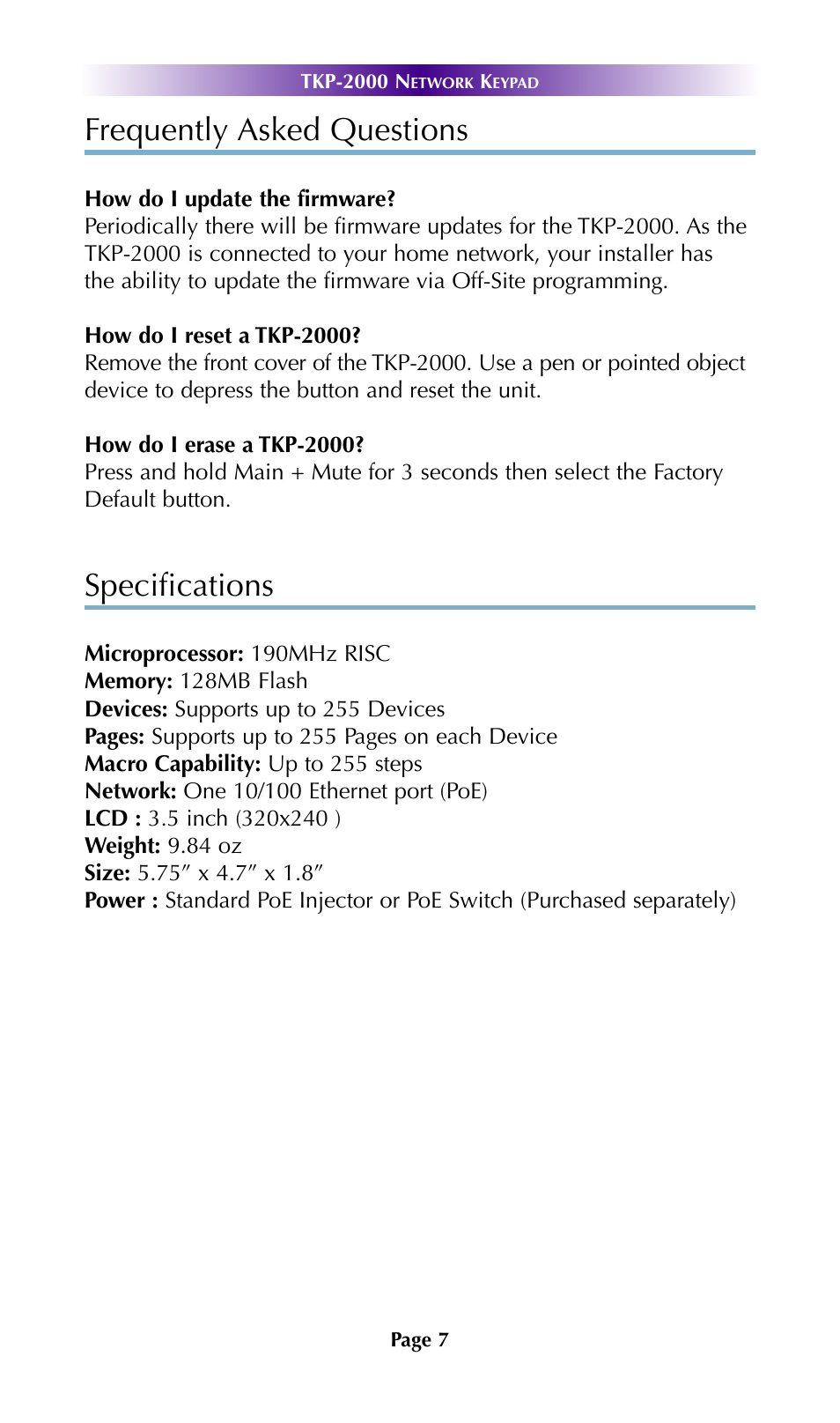 End user agreement, Frequently asked questions, Specifications | Universal Remote Control (URS) TKP-2000 User Manual | Page 10 / 19